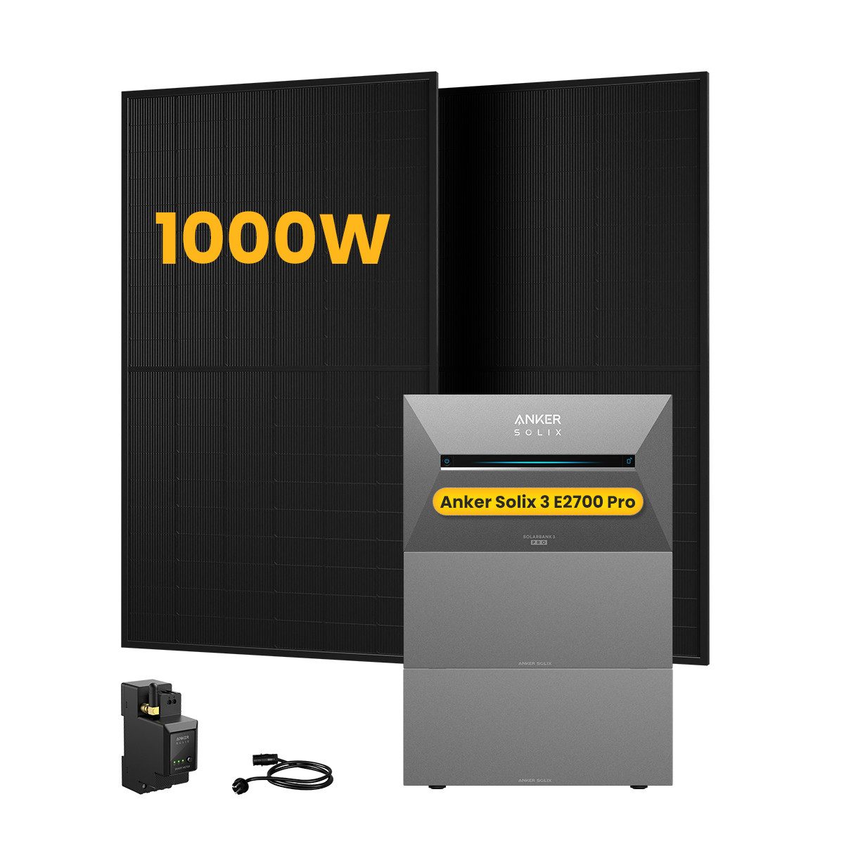 Anker Balkonkraftwerk 1000W Anker SOLIX Solarbank 3 E2700 Pro mit Smart Meter, 0-5x BP2700, (Smart Meter und 2x 500Wp Full Black im Lieferumfang enthalten), Speicher mit integriertem Wechselrichter, All-in-One 2,668kWh Akku