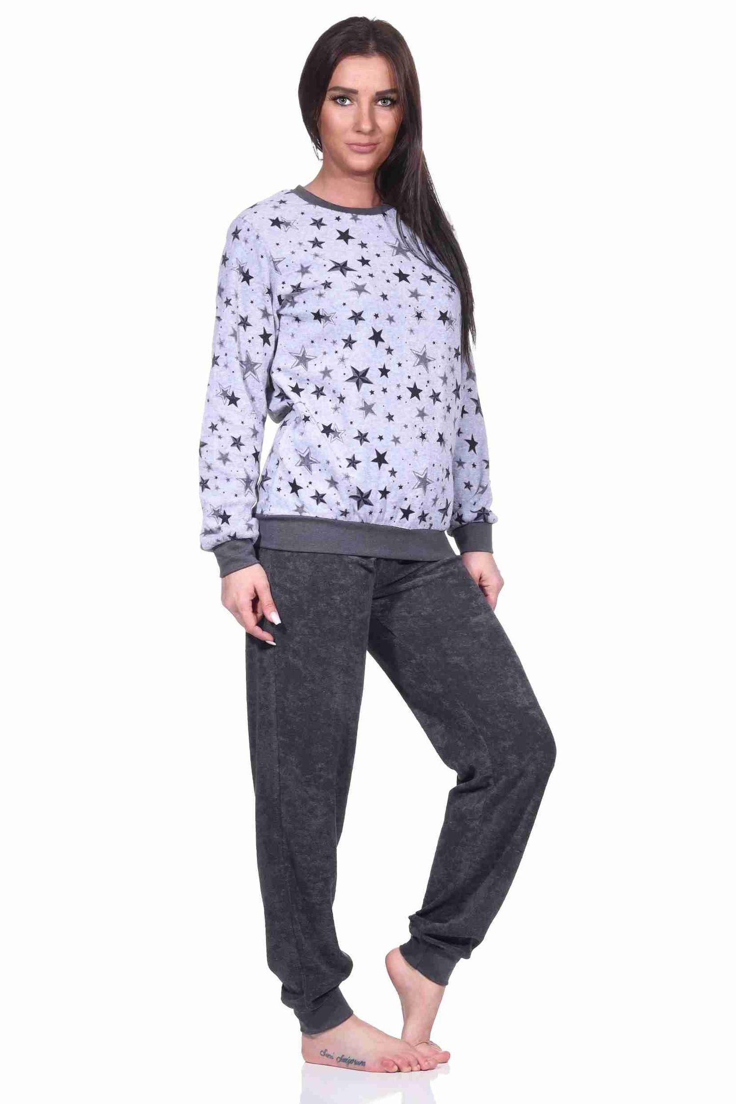 grau-melange in Pyjama Design Sterne Damen Bündchen Frottee Normann Schlafanzug edlen mit