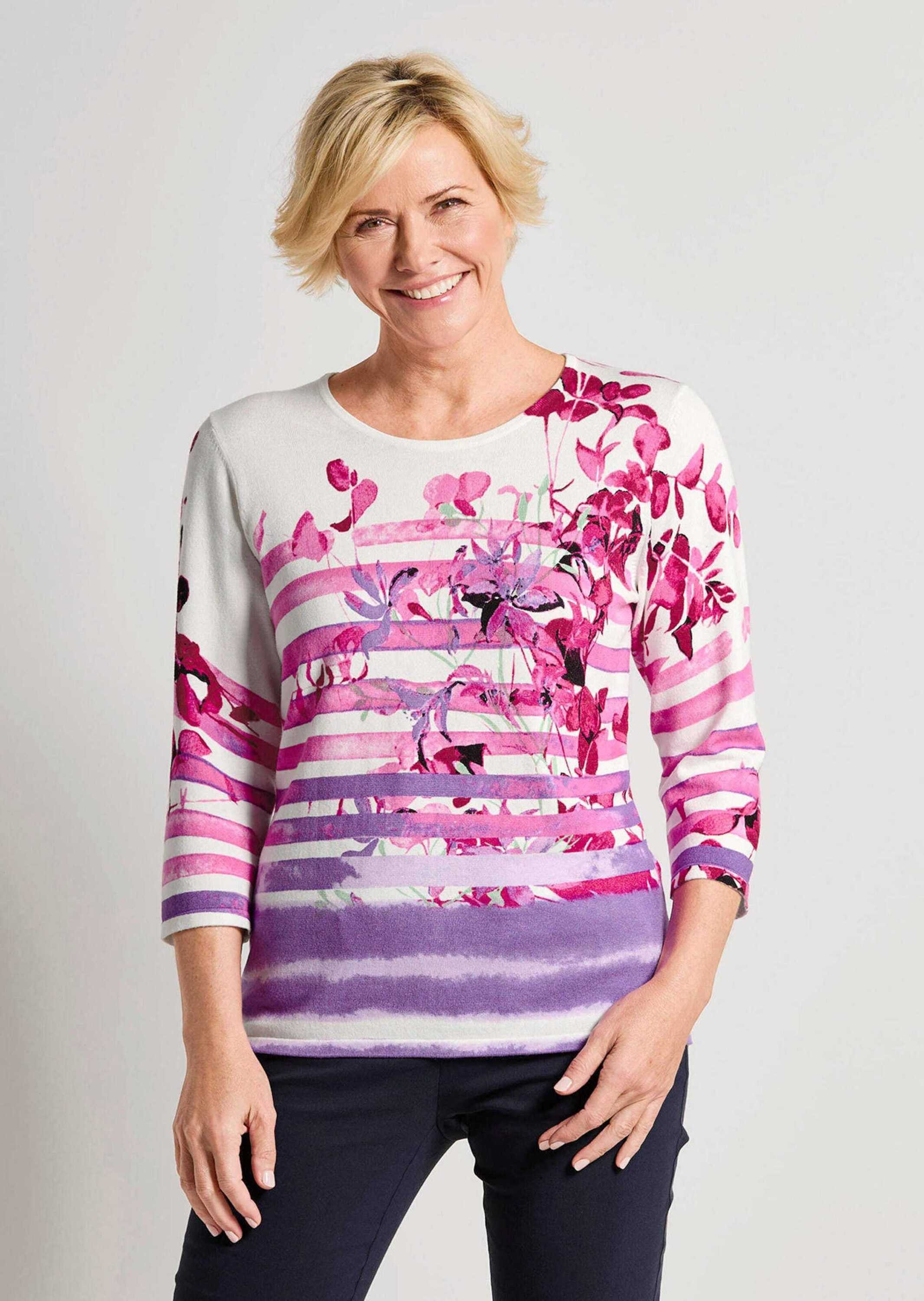 GOLDNER Strickpullover Florales Viskoseshirt mit Streifen Streifenpullover mit Rundhalsausschnitt und 3/4-Arm