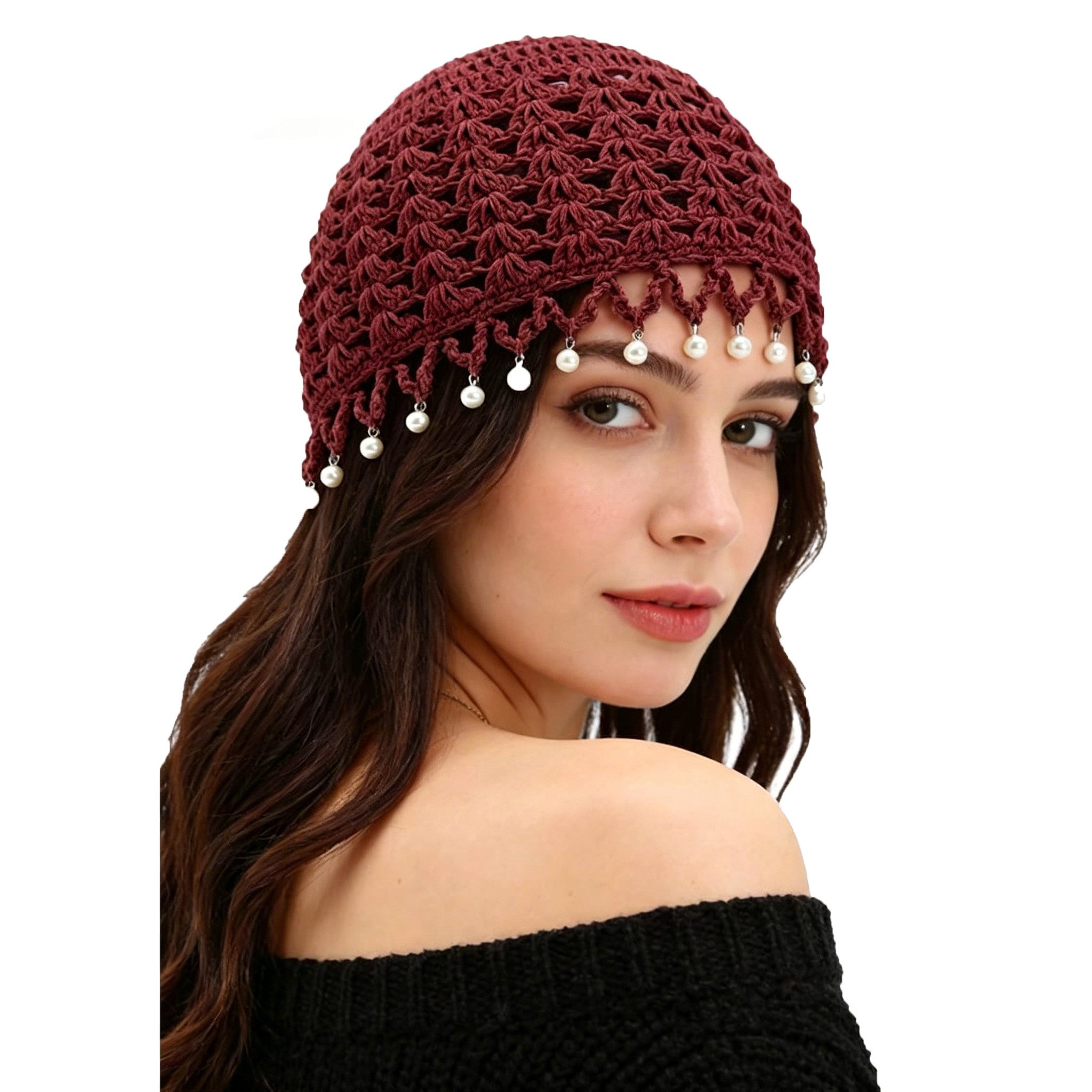 Zaewry Beanie Damen-Bohème-Sommer-Strickmütze mit Quasten und Perlen, lockere Häkelmütze für Sommerreisen und den täglichen Gebrauch