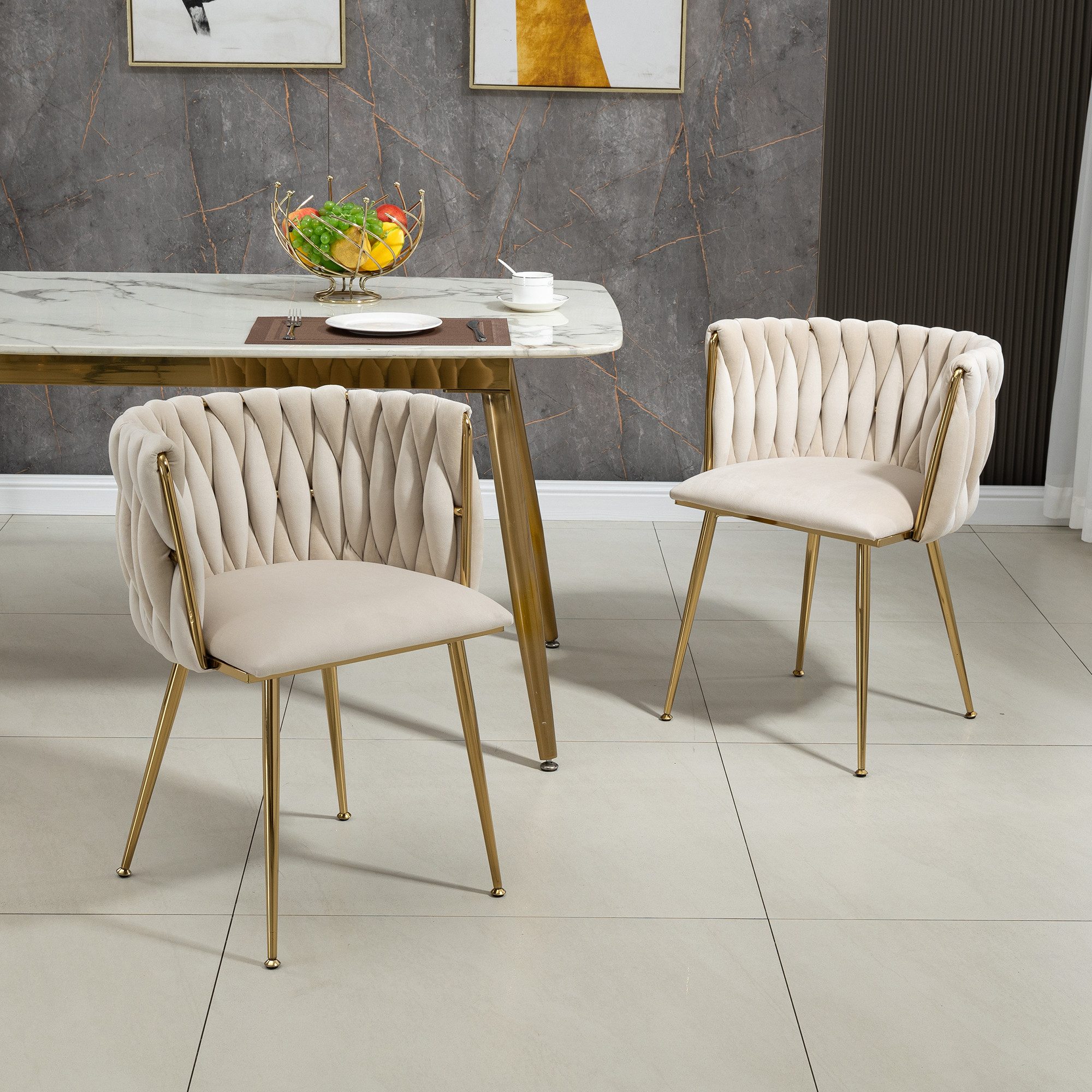 KLAM HOME Stuhl Esszimmerstuhl Polsterstuhl Wohnzimmerstuhl Schlafzimmerstuhl (Modernes luxuriöses Samt-Esszimmerstuhl-Set mit goldenen Metallbeinen), für Esszi – Bild 2 von 5