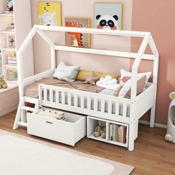 FUROKOY Hausbett Kinderbett 90x200cm mit Schubladen und Ablagefächern, (Holzbett für Schlafzimmer Kinderzimmer), Holzbett mit Hausdesign