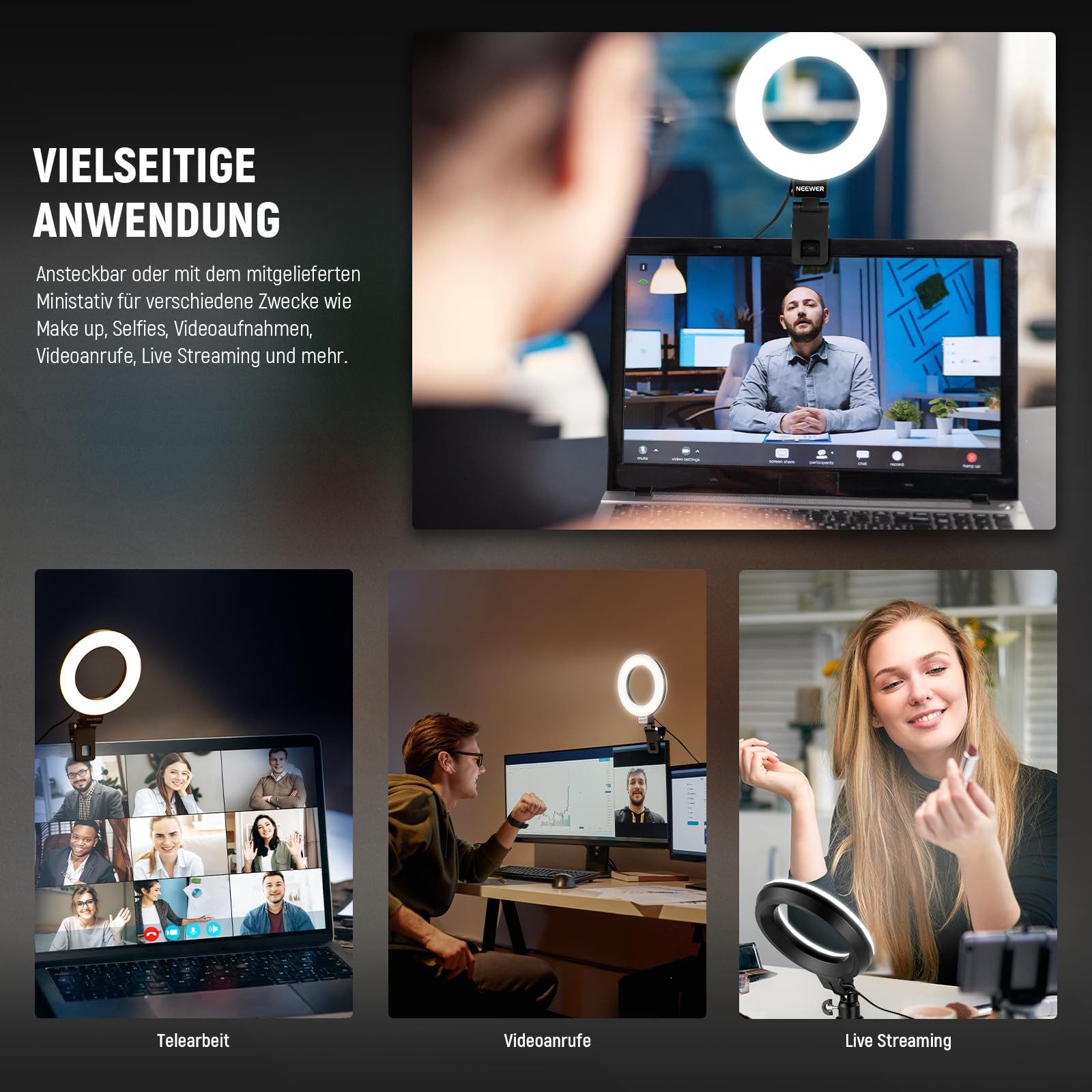 Neewer Ringlicht BR60 5" Ringlicht mit Clips/Mini Stativ, 10W Dimmbar, Einstellbares, mit Reinigungstuch, Videoleuchte für Monitor Laptop Videoaufnahmen