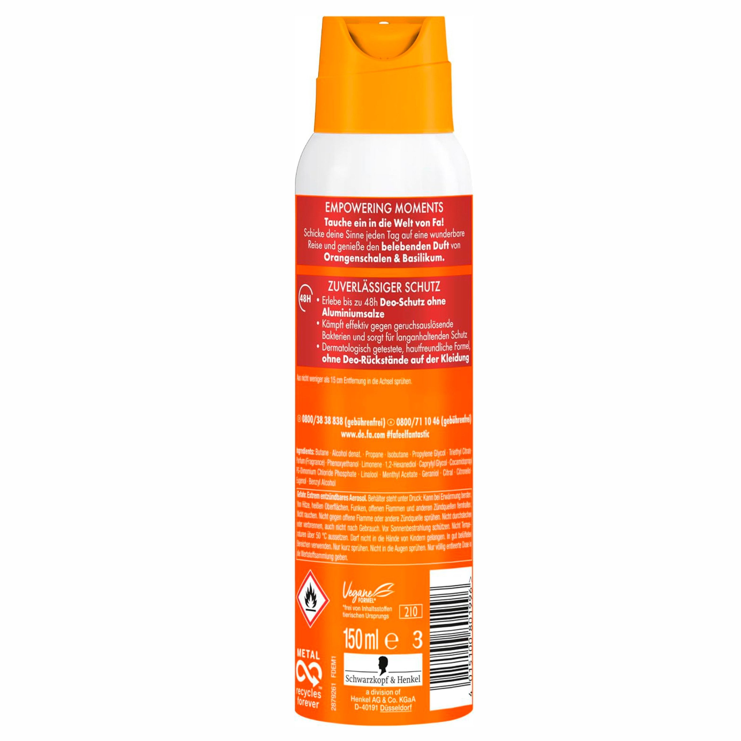 FA Deo-Spray 6x FA Deospray Empowering Moments 150ml, 6-tlg., mit dem belebenden Duft von Orangenschalen & Basilikum