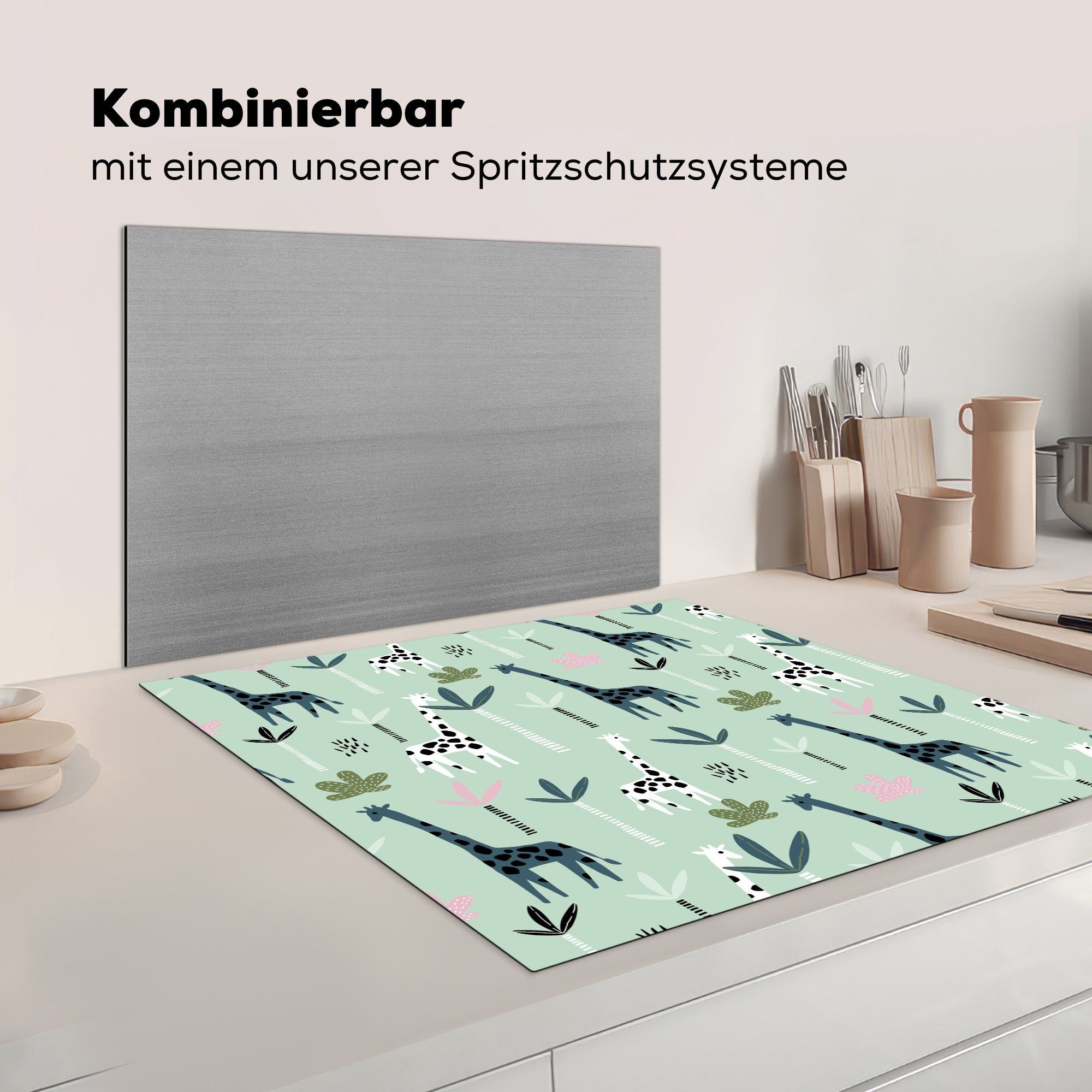 - - Arbeitsplatte Giraffe Palme, Vinyl, küche Ceranfeldabdeckung, Herdblende-/Abdeckplatte (1 für cm, tlg), Dschungel MuchoWow 78x78