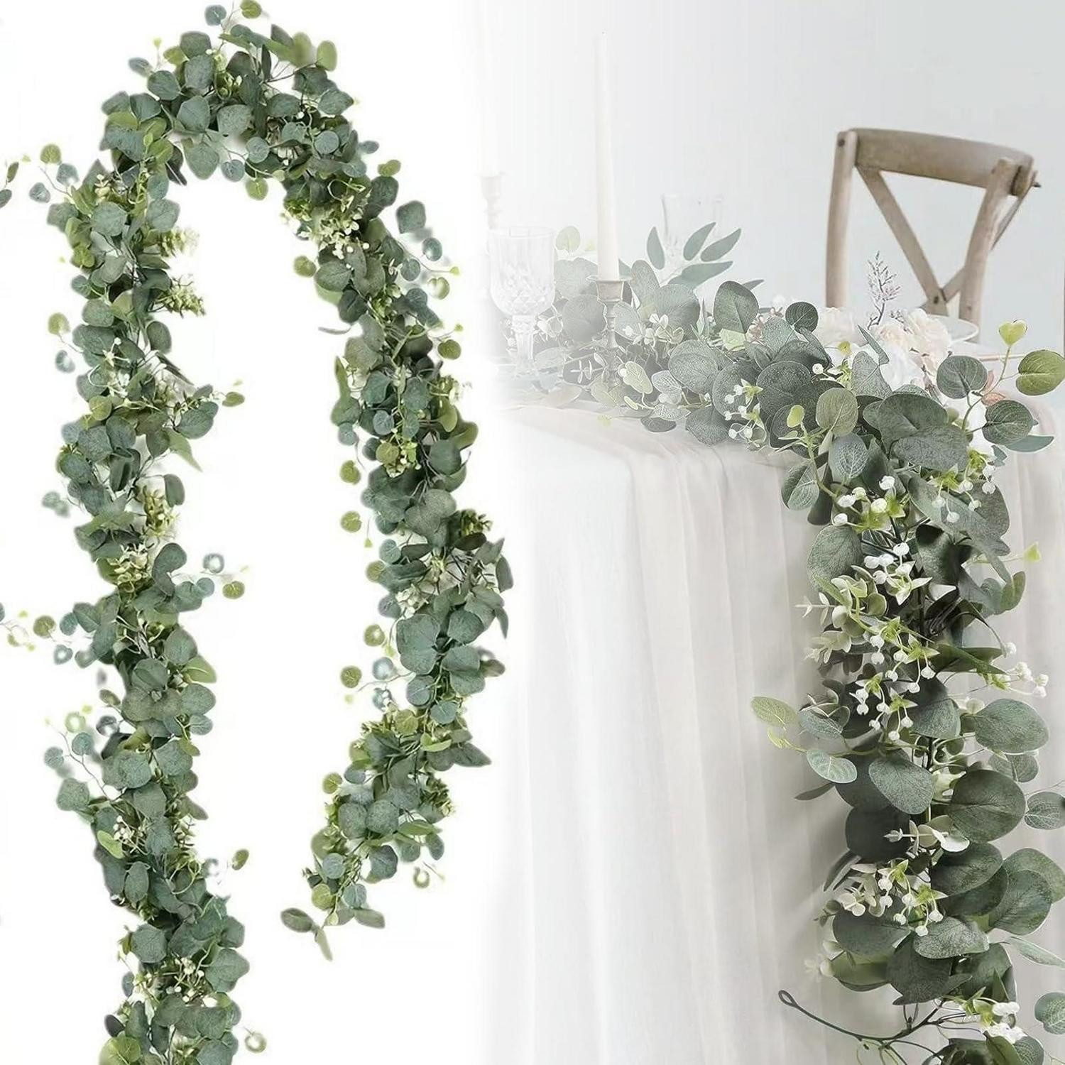 Kunstgirlande Eukalyptus Deko 180cm Grüne Girlande Weiß, LuxusKollektion