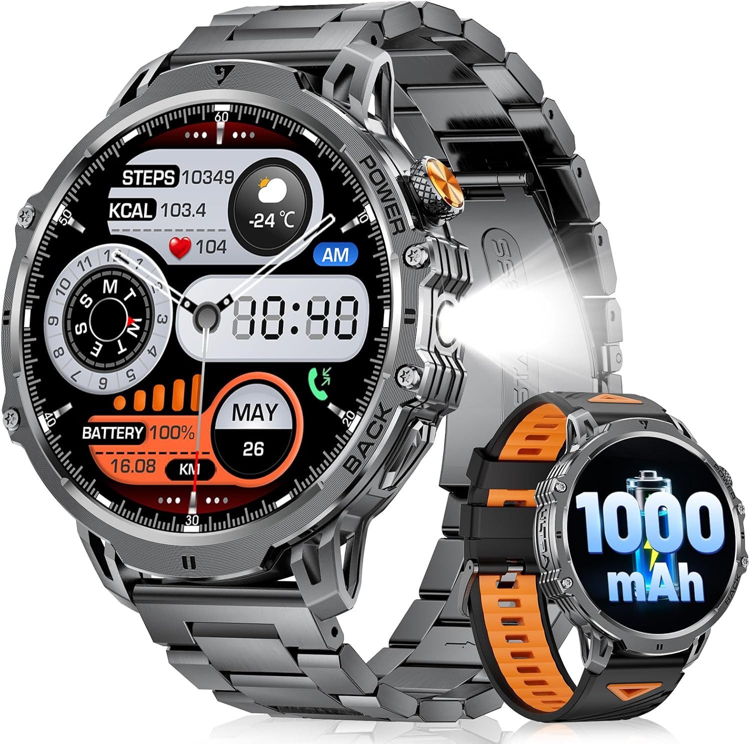 Lige 1000 mAh Akku; HD Großes Display Fitness Tracker Herren's Robust Smartwatch (4,8 cm/1,85 Zoll, Android iOS), IP68 Wasserdicht mit 24/7 Herzfrequenz,Schlafmonitor für Android iOS