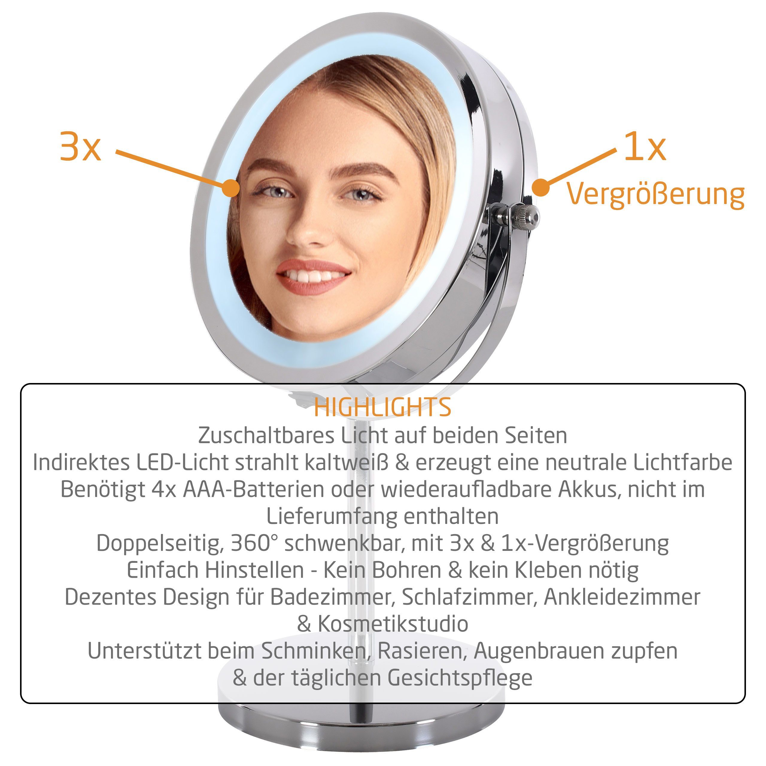 Raburg Kosmetikspiegel 3x/1x Vergrößerung doppelseitig 360° schwenkbar Chrom (18 cm Ø oder 17 cm Ø, doppelseitig, 360), 32 cm, Gesichts- & Bartpflege, Schminken/Make-up, Augenbrauen zupfen