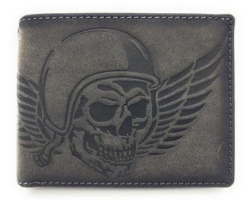 JOCKEY CLUB Geldbörse echt Leder Portemonnaie mit RFID Schutz "Wing of Hell", Biker Geldbeutel mit Fahrradkette und Totenkopf