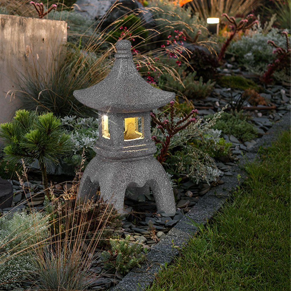 Lampe Außen Gartenleuchte, Pagode Terrassen LED Garten Leuchte Solar verbaut, etc-shop fest Asia Warmweiß, Statue Steh LED-Leuchtmittel