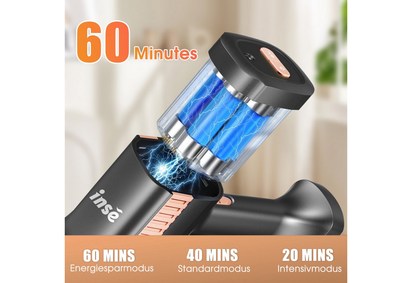 INSE Akku-Hand-und Stielstaubsauger Akku Staubsauger 50000Pa/1.2 L/60 Min, Staubsauger Kabellos, 1,2L Staubbehälter, mit LED Display,3 Saugstufen,Akkusauger, 2500mAh Für Teppich,Tierhaare