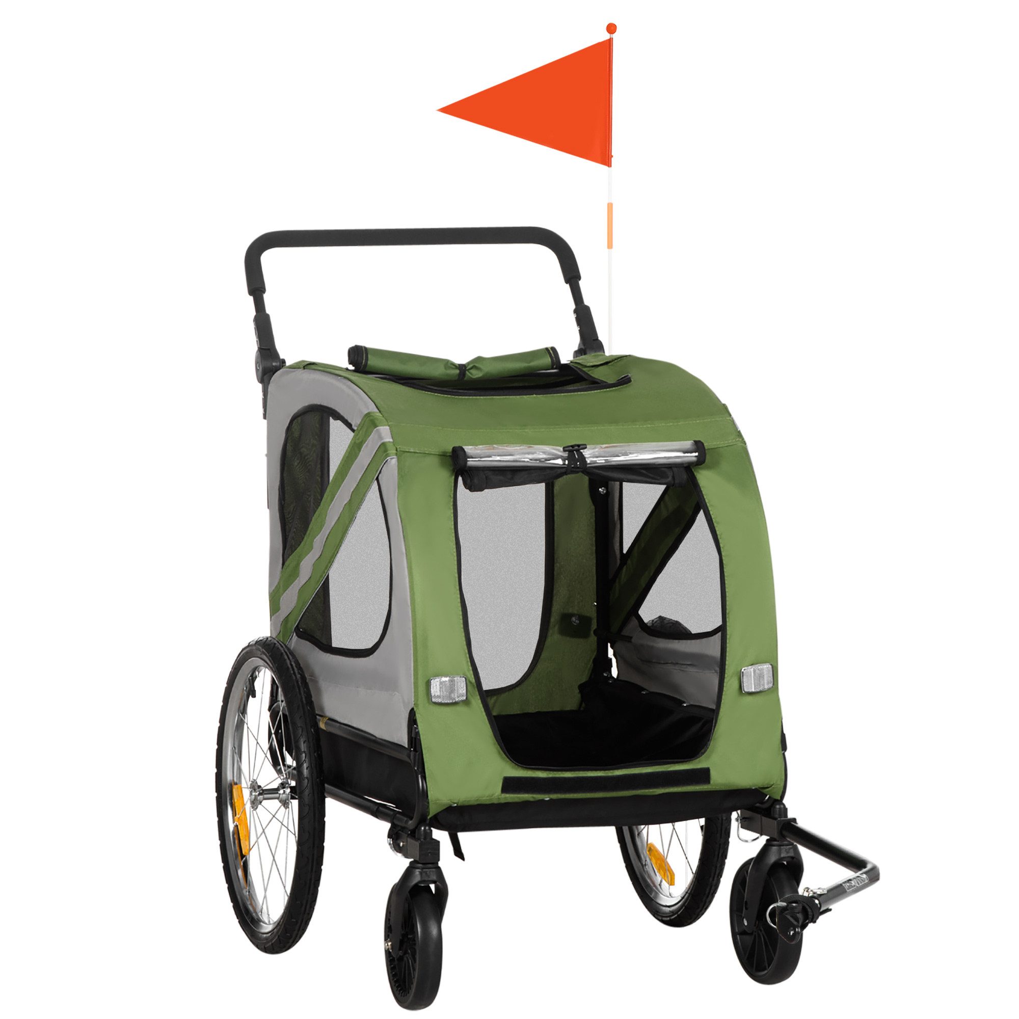 PawHut Fahrradhundeanhänger 2-in-1 Hundeanhänger & Hundebuggy mit Reflektoren, für Mittelgroße Hunde bis 20 kg, Oxford-Gewebe, Grün