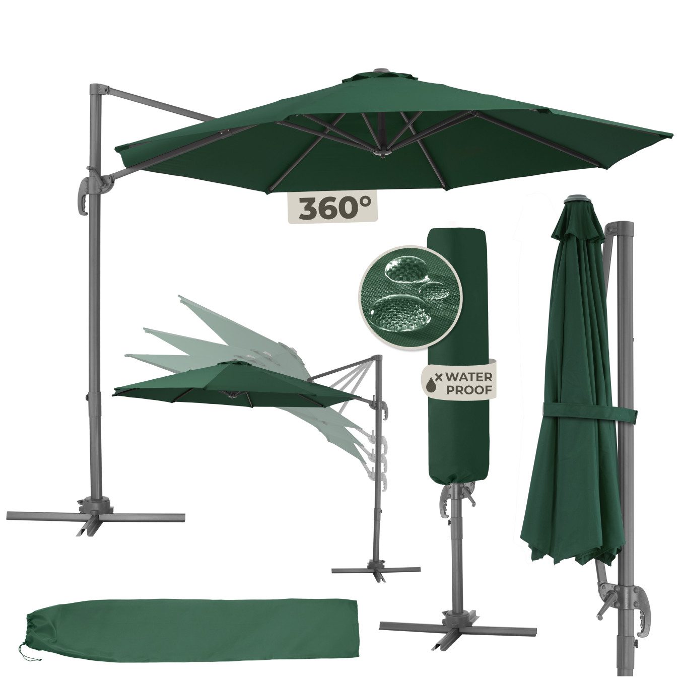 tectake Ampelschirm Sonnenschirm, Set mit Schutzhülle für Terrasse oder Garten, Parasol inkl. Schutzhülle in Schrimfarbe, Ø 300 cm