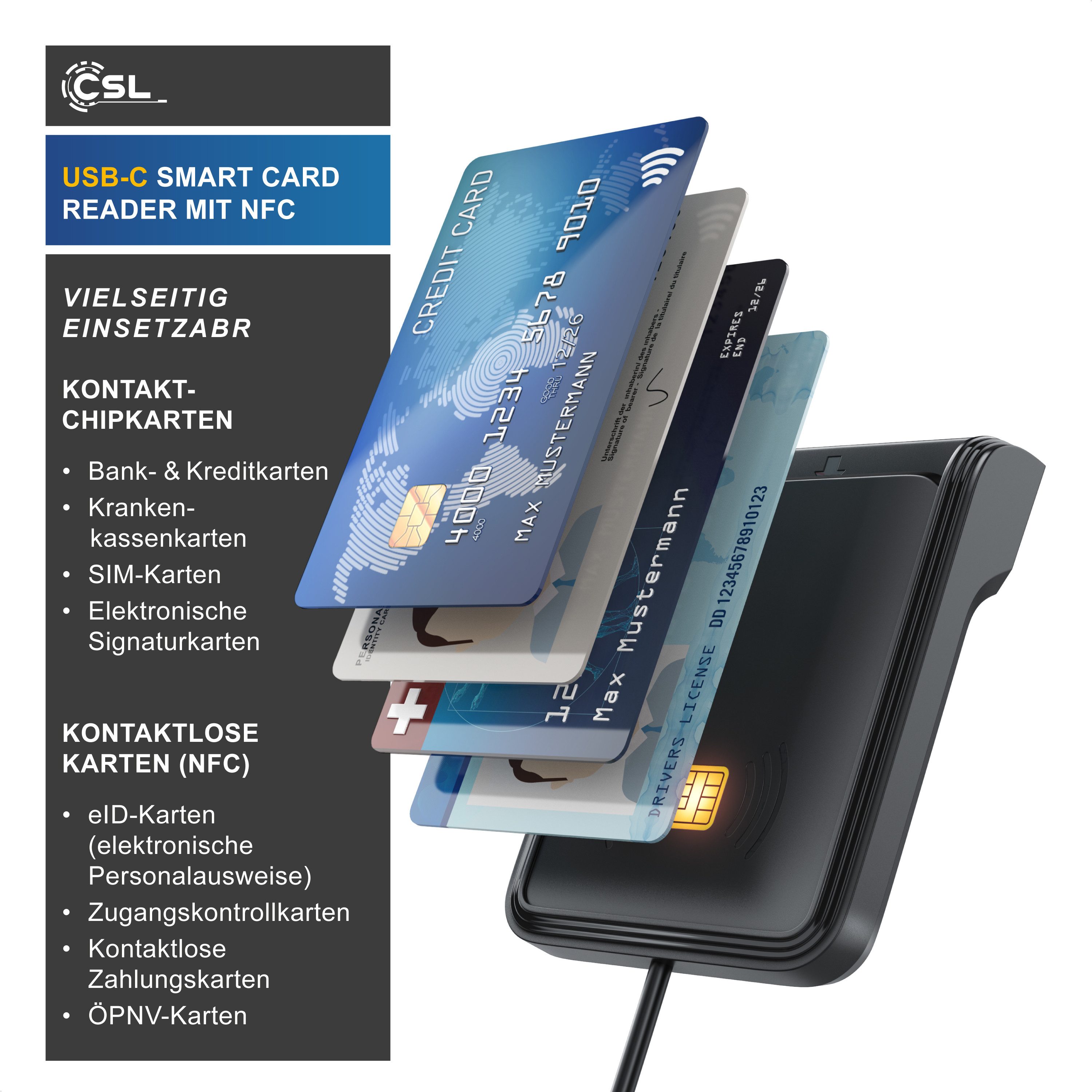 CSL Speicherkartenleser USB C, NFC, SmartCard Reader, SIM Kartenlesegerät, ISO 7816, ISO 14443, Mac OS, Windows 7–11, Personalausweis, Krankenkassenkarten, Bankkarten