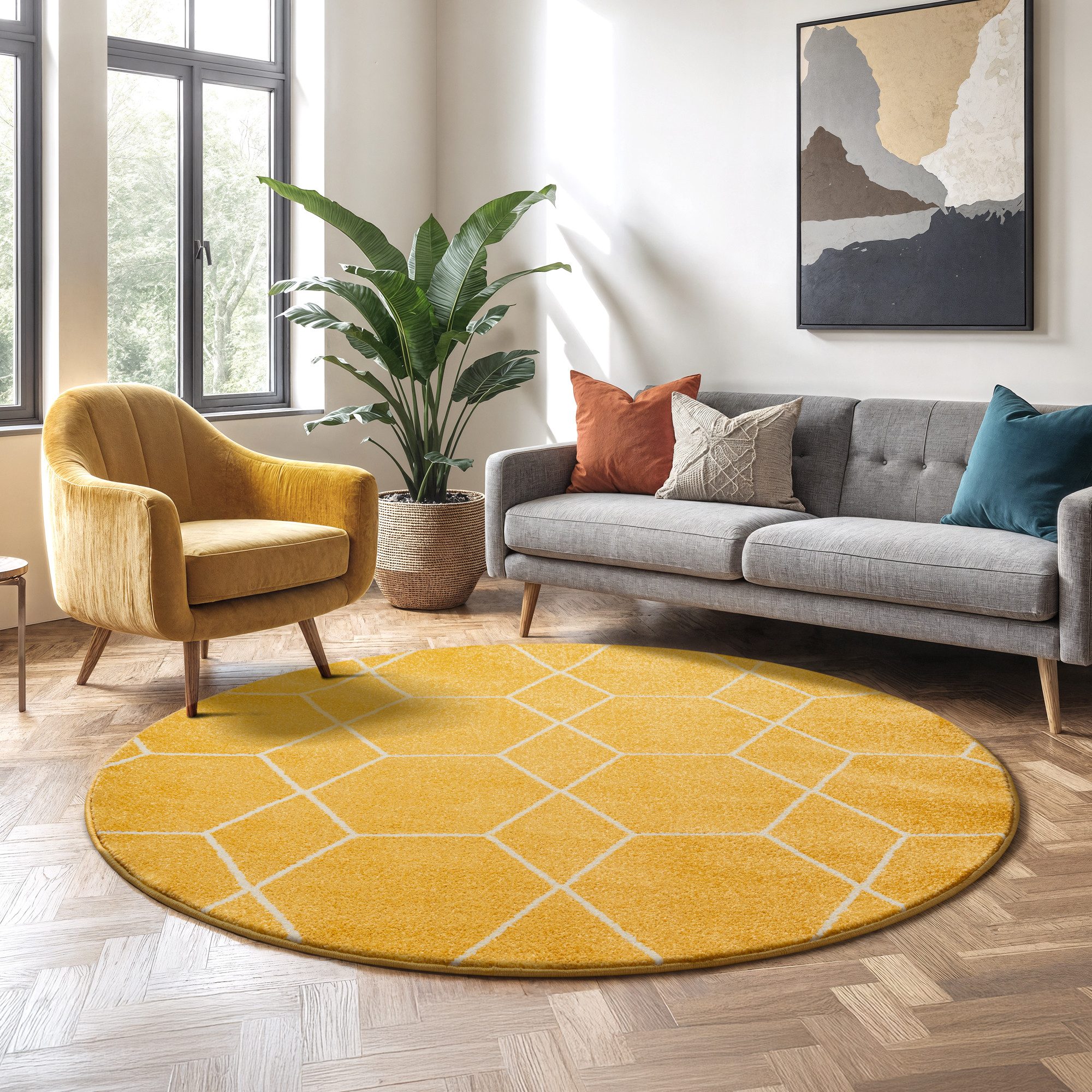 Sanat Teppich Trellis, rund, Höhe: 10 mm, Kurzflor, skandi, boho, auch als Läufer und in rund