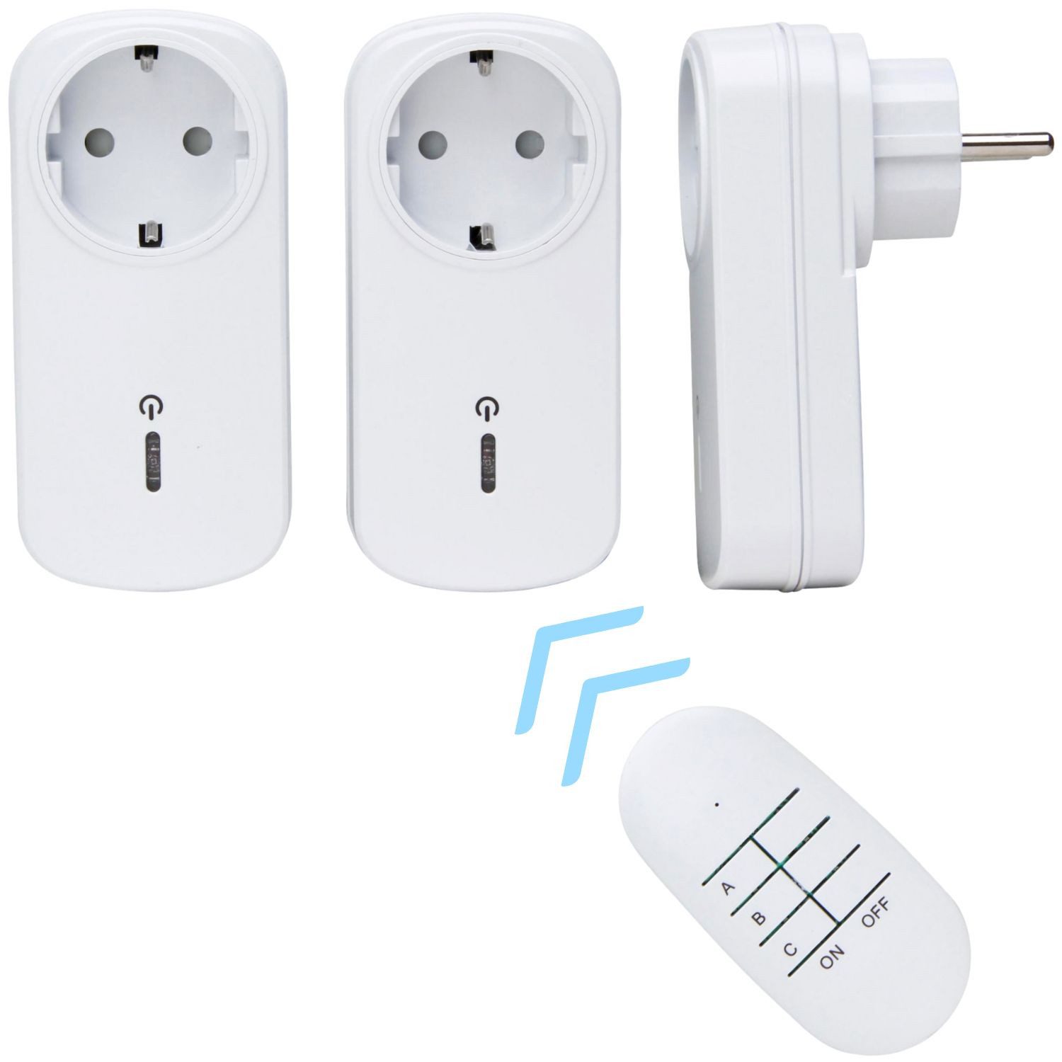 Kopp Funksteckdose 3er Set Funk-Steckdosen mit Fernbedienung Weiß, max. 1000 W, Set, 3x Steckdosen-Adapter + Funksender, 3x Funksteckdosen mit Fernbedienung 25m Funksteckdose Funk Steckdose