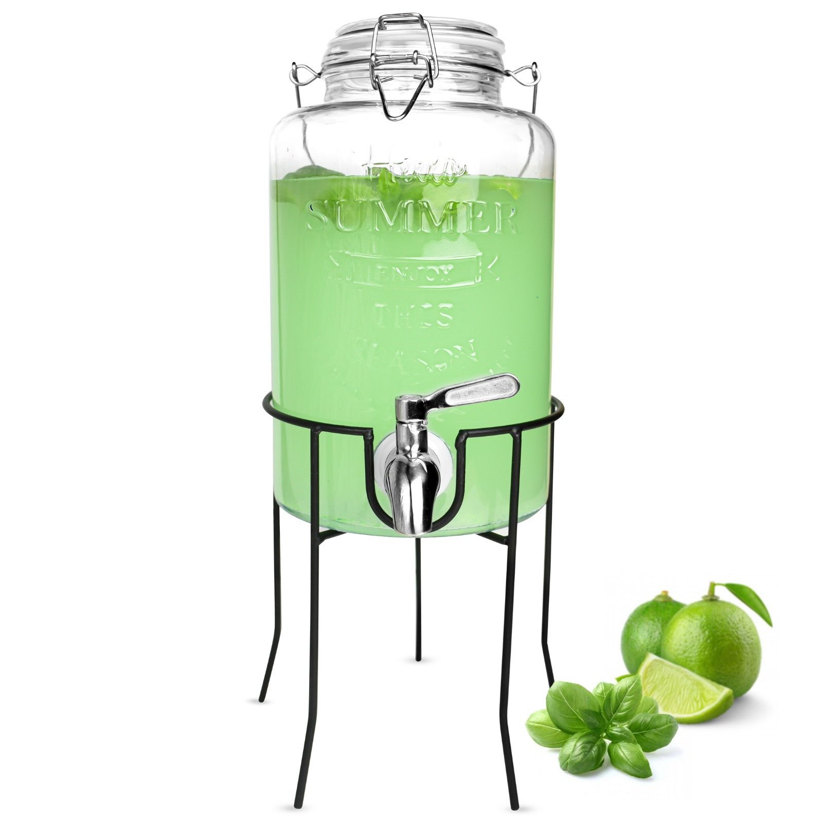 Getränkespender 3L mit Zapfhahn aus Edelstahl Glasdeckel und Ständer Dispenser