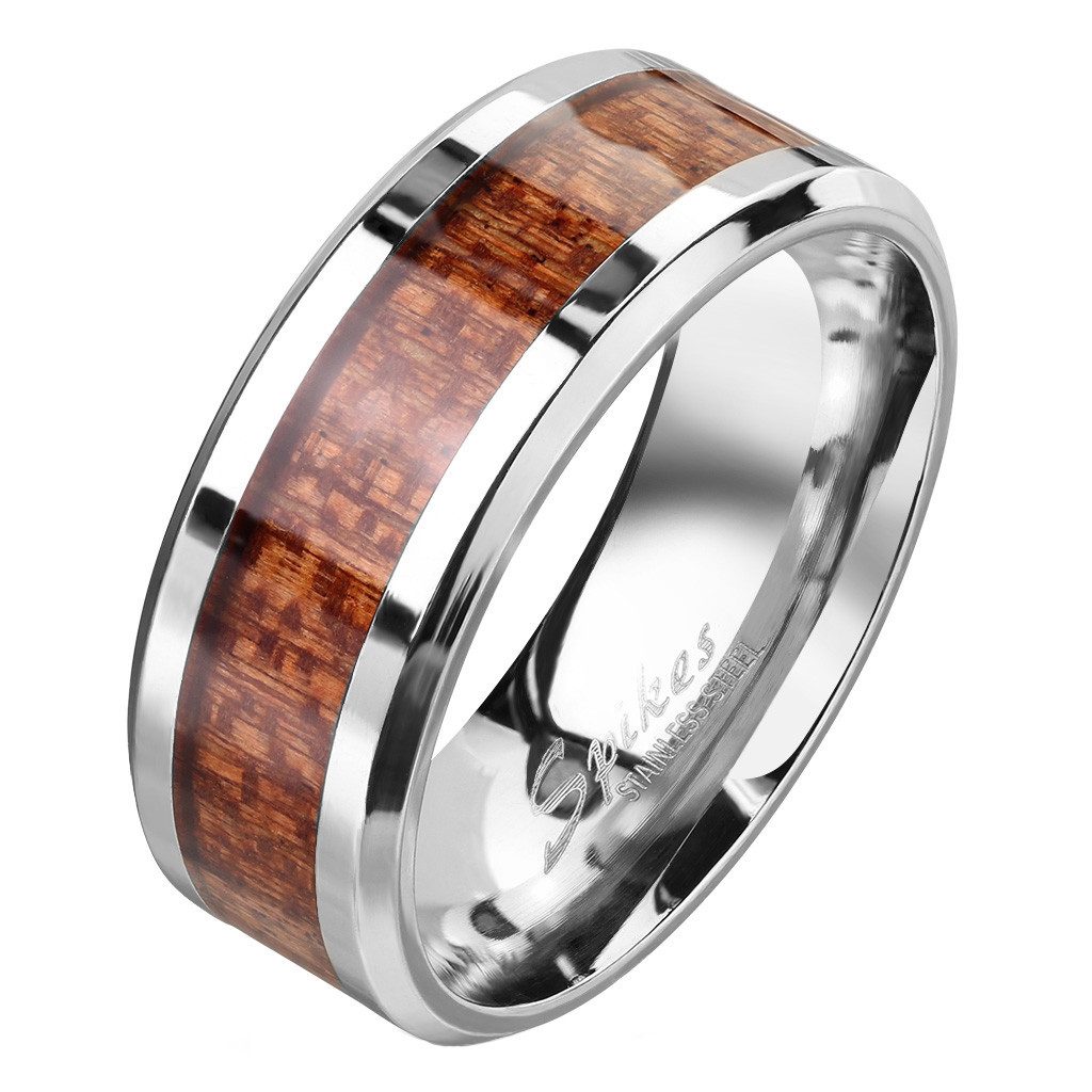 Taffstyle Fingerring Ring Fingerring Holz Inlay Holzmaserung Silber Größe 57 (18.1) (Paarring Partnerring Ehering Trauring Hochzeitsring), Damen Herren Band Edelstahl Herrenring Damenring Freundschaftsring