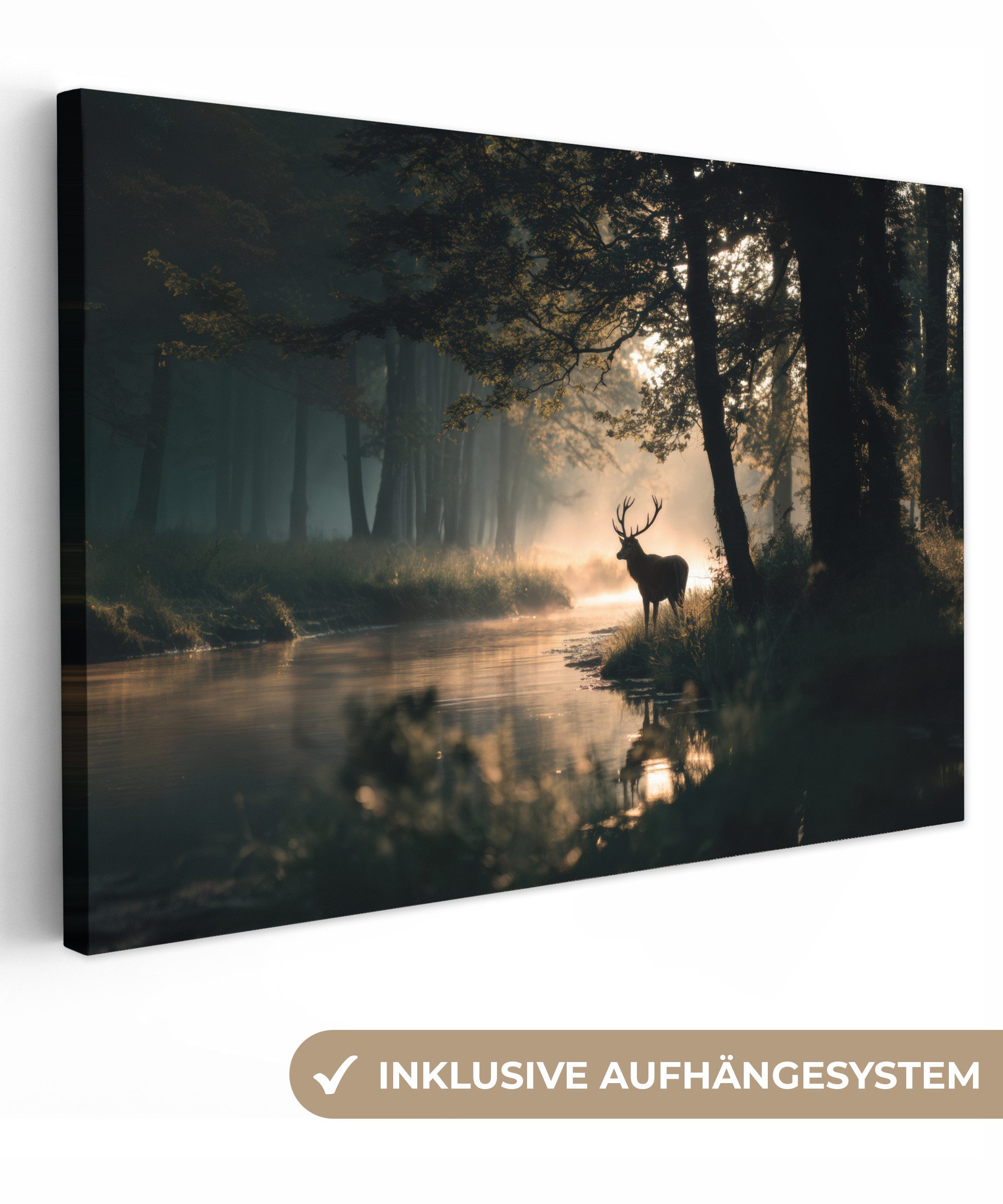 OneMillionCanvasses® Leinwandbild Hirsche - Waldbach - Mystisch, Fotodruck günstig online kaufen