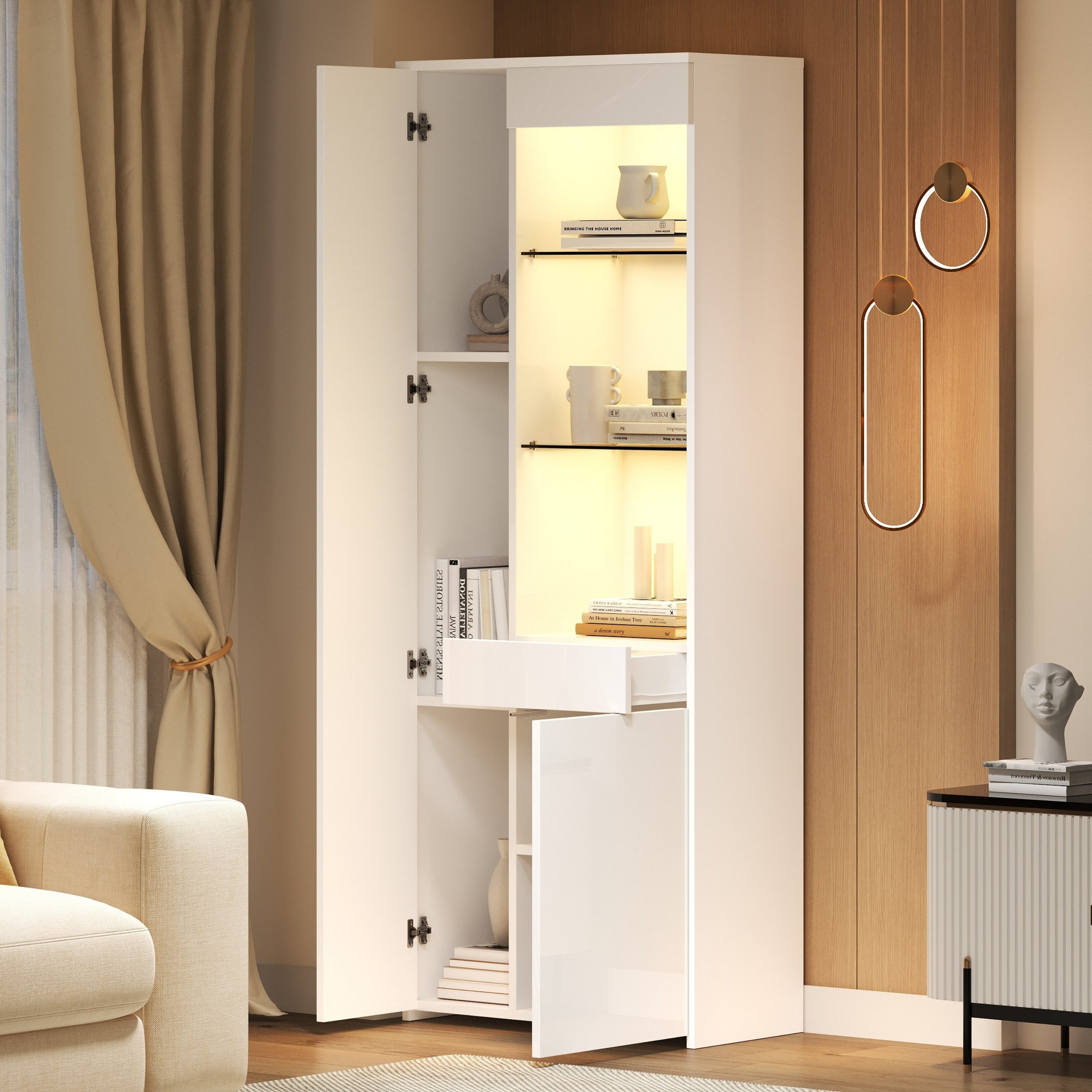 STILVORA Vitrine mit Glastrennwänden,Hochschrank Standvitrine mit LED-Licht&Schubladen (Hochschrank, Highboard, 1-St., 70*35*180cm) Hochglanz Glasvitrine mit Schubladen, LED-Beleuchtung