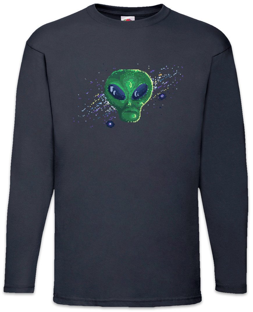 Langarmshirt Pixel Green Alien Face Langarm T-Shirt Pixel Ufo Flying Saucers Vril