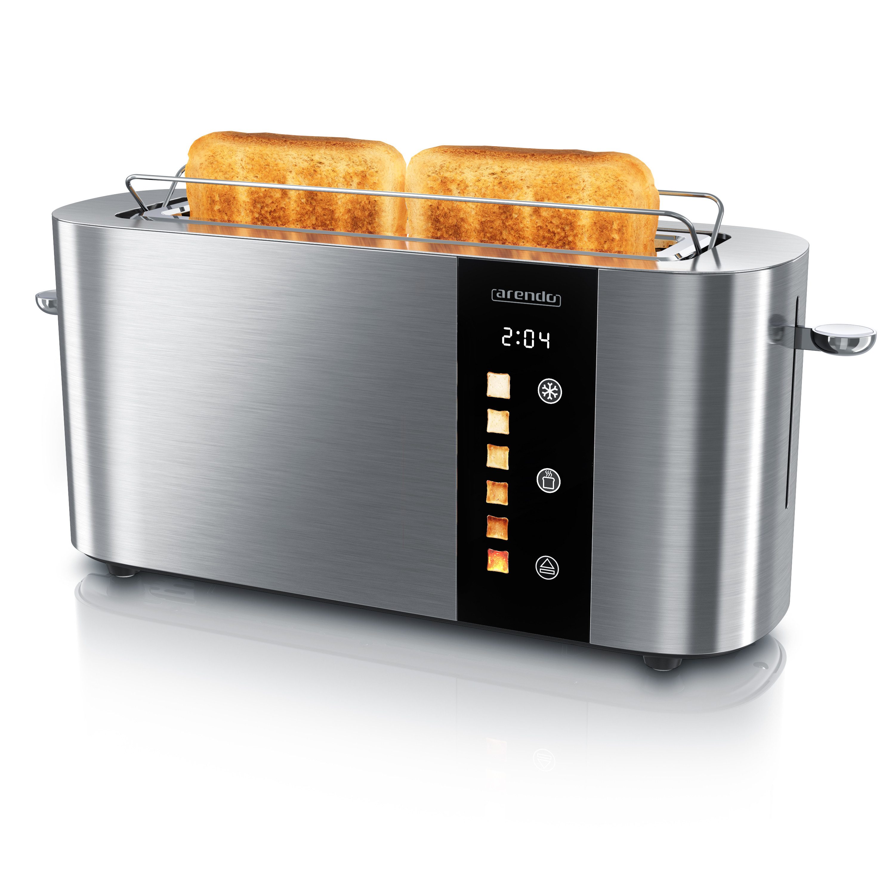 Arendo Toaster 2-Scheiben Edelstahl Langschlitz, Touch, Restzeit Bräunungsgradanzeige, 1 langer Schlitz, für 2 Scheiben, 1000 W, Brötchenaufsatz, Wärmeisoliert, Toast-Symbole für Bräunungsgradauswahl