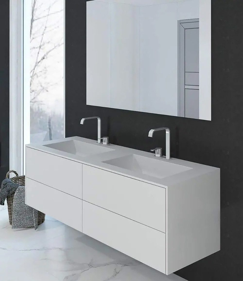 Henneke Doppelwaschtisch Corian® PureOne+ eckig mit Unterschrank zweireihig, Fugenlos aus Mineralwerkstoff