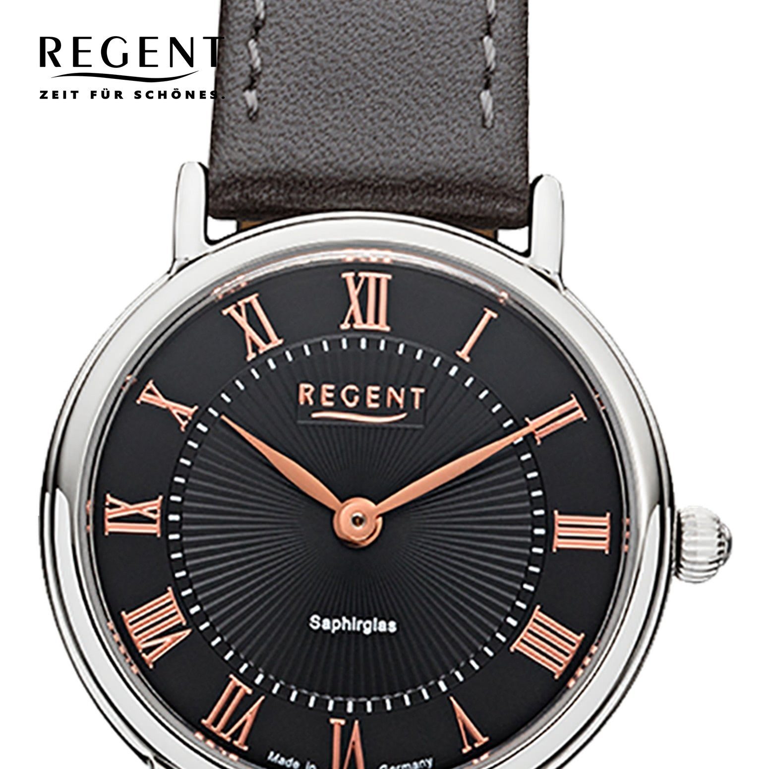 Regent Quarzuhr Regent Damen Uhr GM-1602 Leder Quarz, Damen Armbanduhr  rund, klein (ca. 28mm), Lederarmband