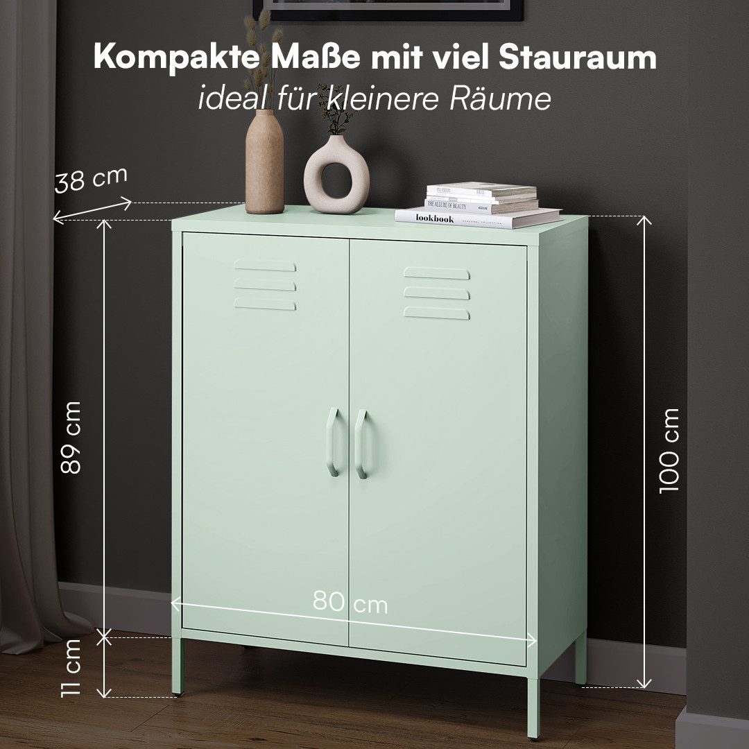 skølm Kommode Atria aus Metall (Pastellgrün, 3 Fächer), höhenverstellbare Böden, Highboard auch verfügbar mit Schubladen