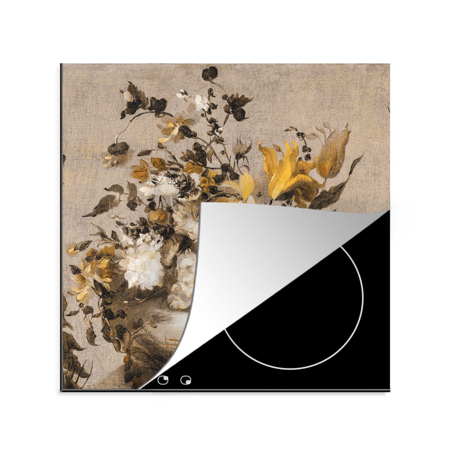 MuchoWow Alte Herdblende-/Abdeckplatte - Gelb, Blumen (1 Arbeitsplatte cm, 78x78 Meister tlg), küche Vinyl, - Ceranfeldabdeckung, für