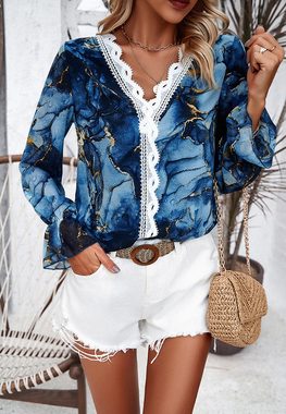 BlauWave Druckbluse Bedruckte Langarm-Bluse mit V-Ausschnitt und elegantem Blumenmuster (1-tlg., Geeignet für tägliche Reisen) Lässiger Saum für den Frauenalltag