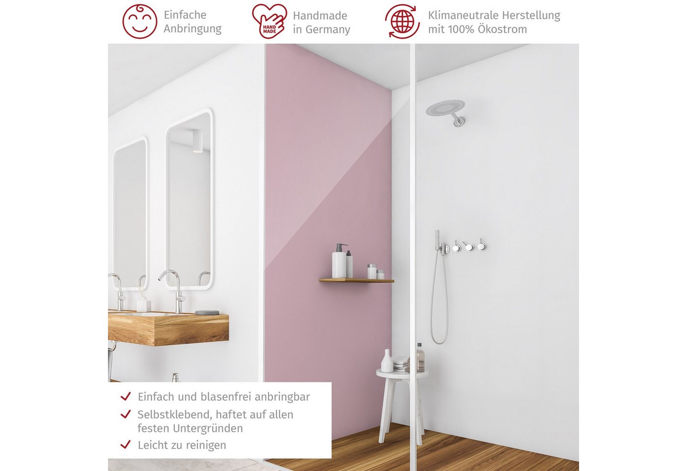Thumbnail - Bilderdepot24 Badrückwand einfarbig rosa Duschrückwand ohne Bohren Dusche, (1-tlg., Hart-Folie Smart matt 0,35 mm), fuge...