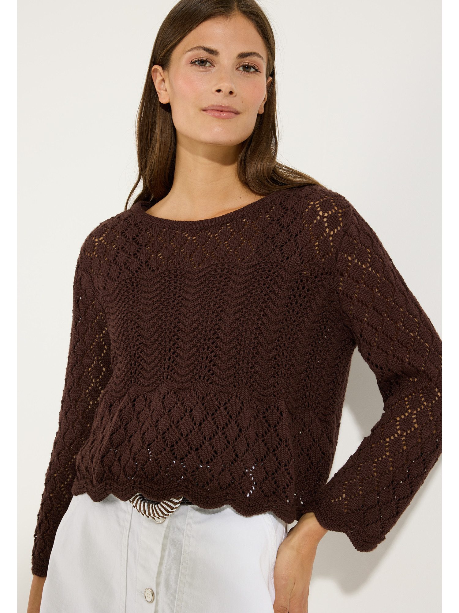 MORE&MORE Strickpullover kurzer, kastiger Lochstrickpullover, 3/4 Arm