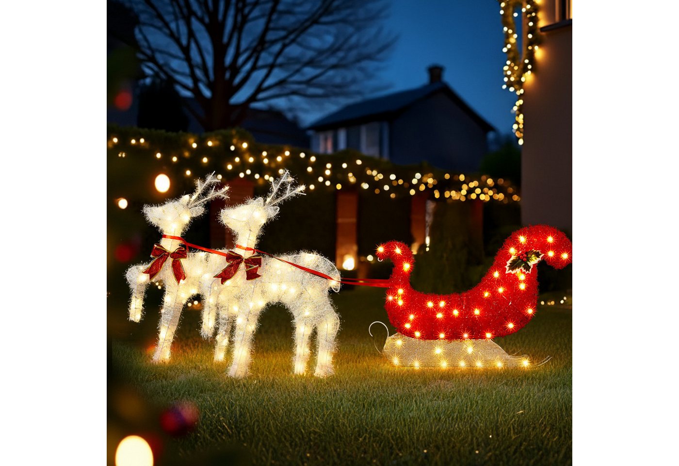 LALAHO Weihnachtsfigur LED Rentier mit Schlitten Weihnachtsbeleuchtung, mit 90 LEDs, Rentier Weihnachten Deko für Außen und Innen
