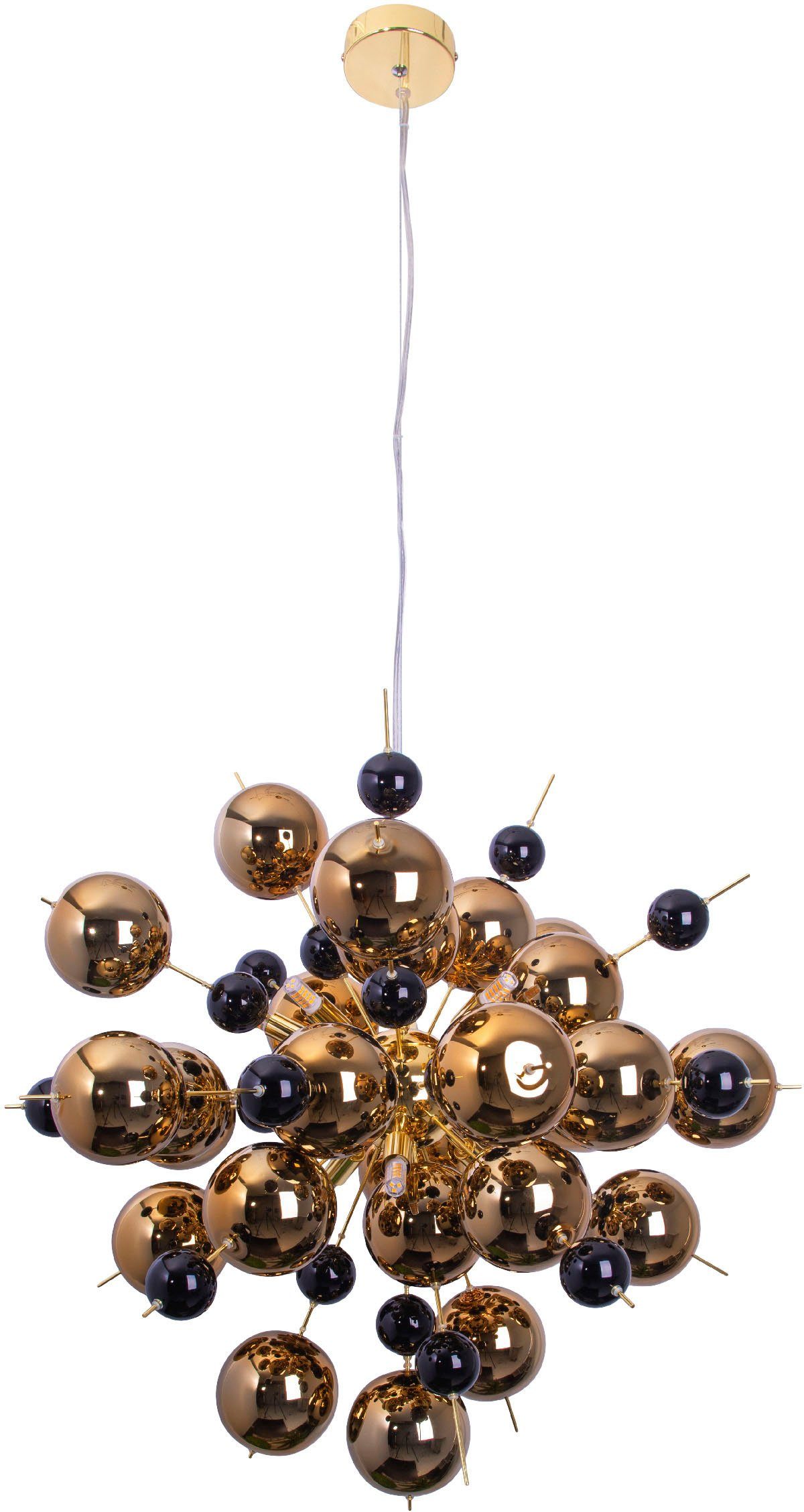 näve Pendelleuchte Explosion, ohne Leuchtmittel, mit goldglänzenden Glaskugeln bestückt, für 10 x G9 Sockel, Ø 65 cm