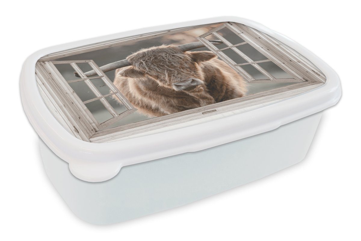 MuchoWow Lunchbox Schottischer Highlander - Kunststoff, Erwachsene, weiß Mädchen - Ansicht, Tier Jungs für für Brotbox (2-tlg), und und Kinder Brotdose