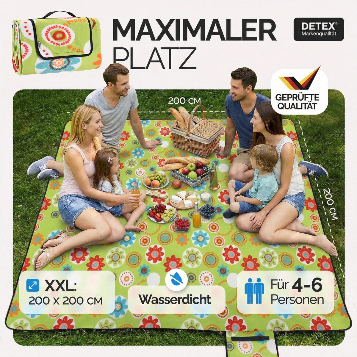 Picknickdecke, Detex, XXL 200x200 cm Wasserdicht Wärmeisoliert 4-6 Personen Blumen