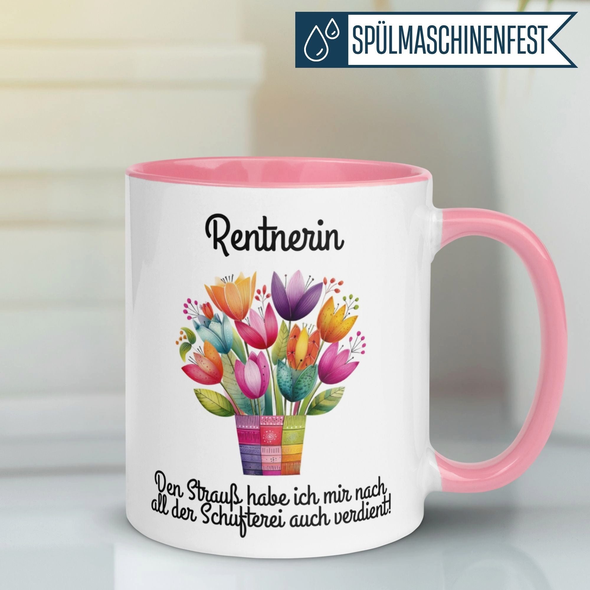 Momentals Tasse Rente Frau – „Den Strauß habe ich mir verdient“ – Geschenk Ruhestand, Gratis Versand · Links-&Rechtshänder · Spülmaschinenfest