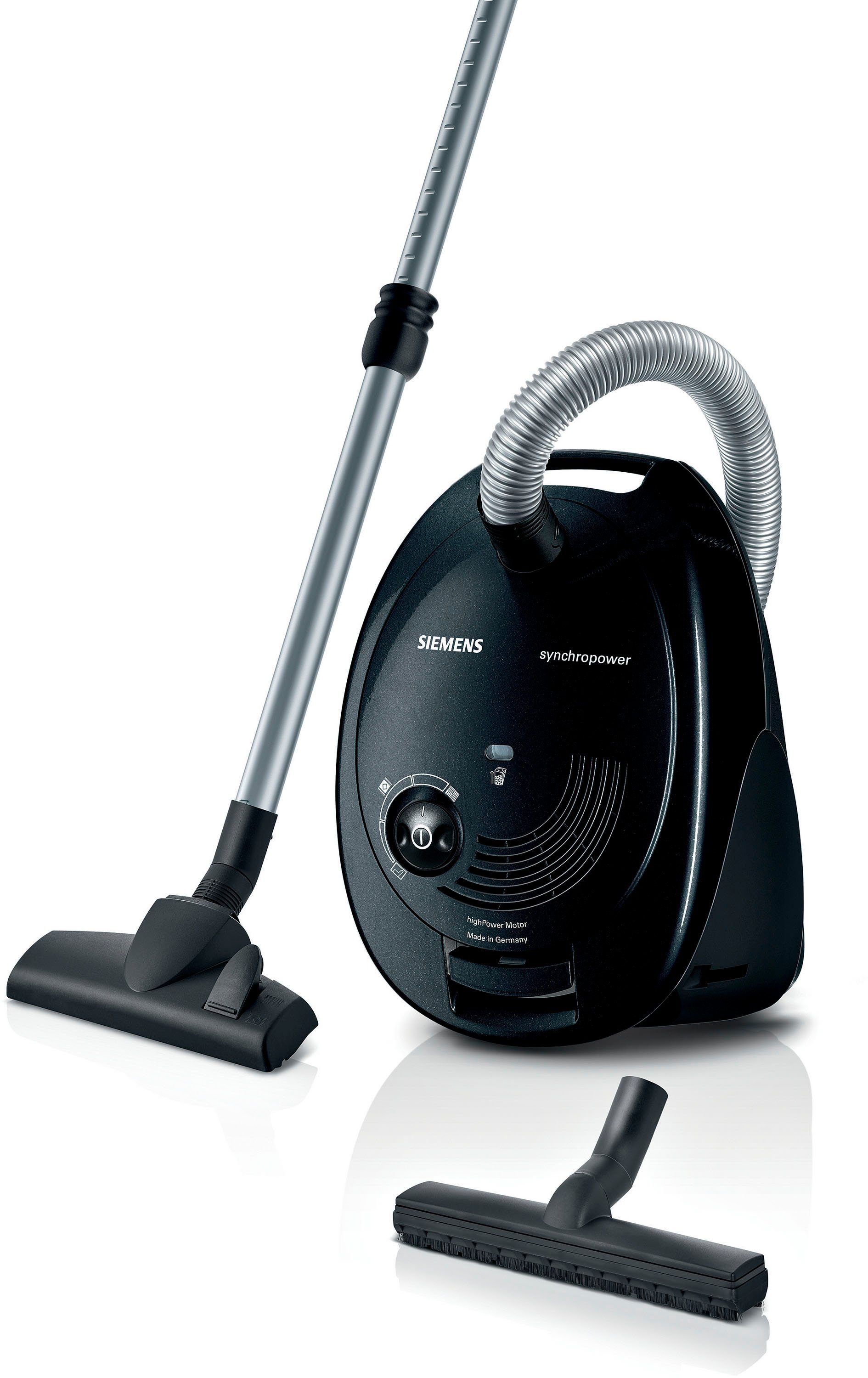 SIEMENS Bodenstaubsauger synchropower VS06A212, Made in Germany, Hygiene-Filter, kompakt, 600 W, mit Beutel, hohe Saugkraft, spezielle Hartbodendüse, integriertes Zubehör, schwarz