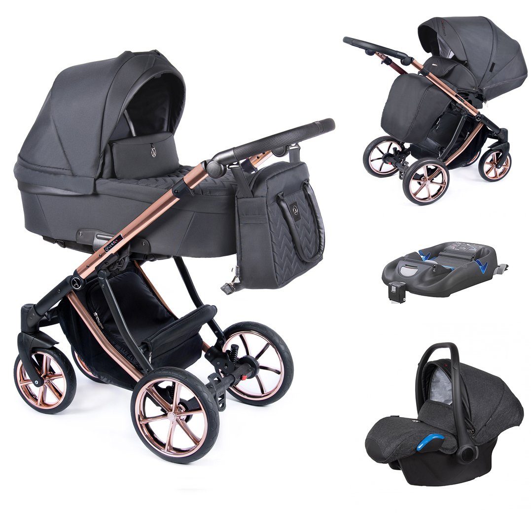 babies-on-wheels Kombi-Kinderwagen 4 in 1 Kinderwagen-Set Dante - 14 Teile - in 16 Farben Grau = Gestell kupfer