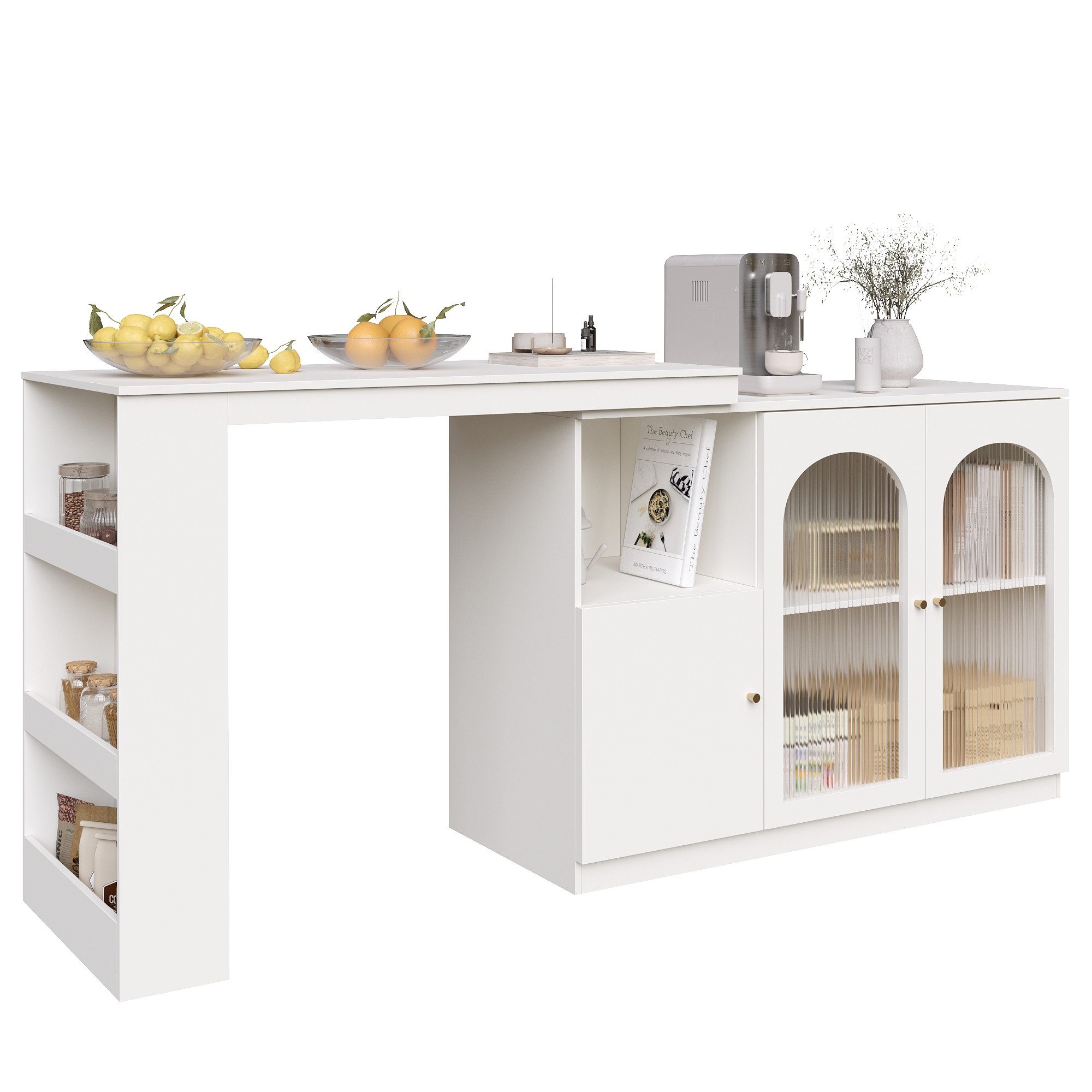 i@home Bartisch 360° drehbar, Esstheke, Kücheninsel mit Stauraum Sideboard (Bis 60 kg belastbar, Aufbewahrungsschrank mit Changhong-Glastür), Um 360° drehbarer,Hauptkörper 120 x 40 x 97 cm