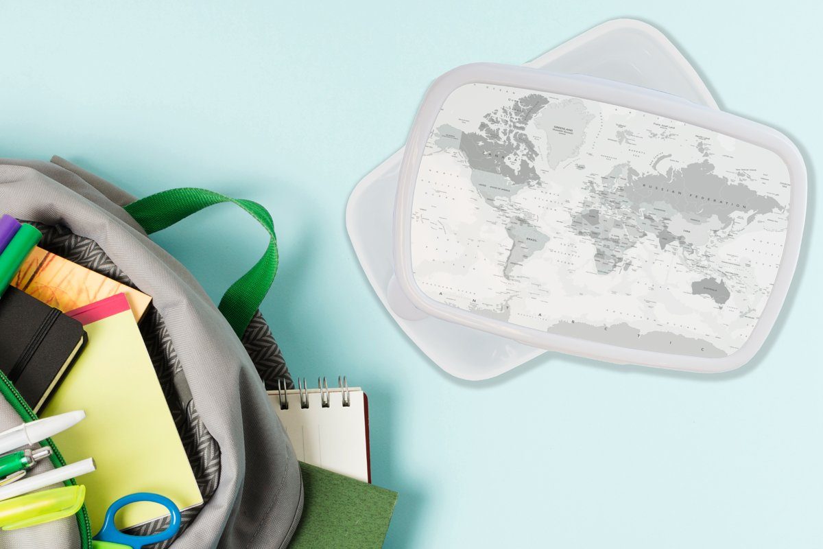 MuchoWow Lunchbox Weltkarte - - Kunststoff, Brotdose, Grau Erde, Brotbox und und Kinder Jungs Mädchen Erwachsene, (2-tlg), Weiß für für 