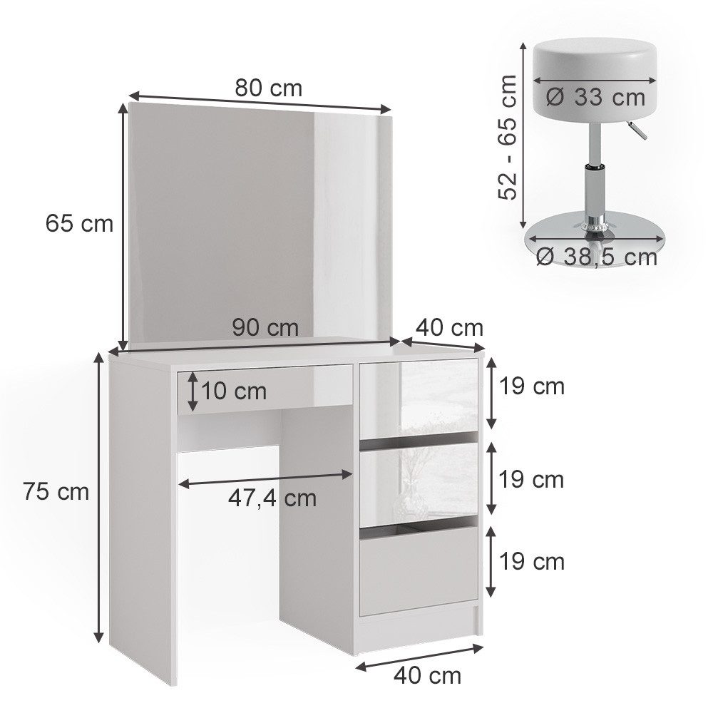 Vicco Schminktisch Sherry, Weiß Hochglanz, 90 cm mit Hocker (3-St)