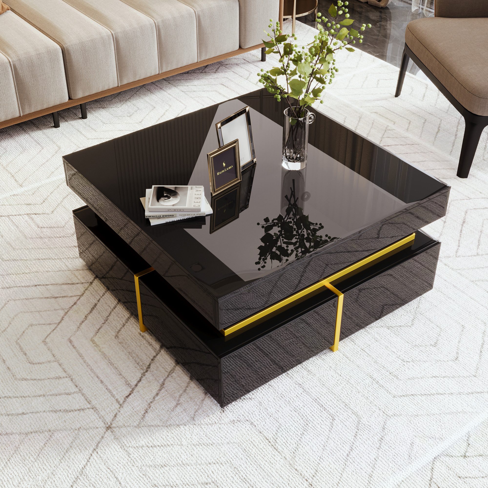 Furnishings Home Couchtisch Ablagetisch Stauraum Beistelltisch Breite 70 cm (Hochglänzender quadratischer, 70x70x35.5 cm), Wohnzimmertisch, mit 2 Schubladen und goldenen Akzenten