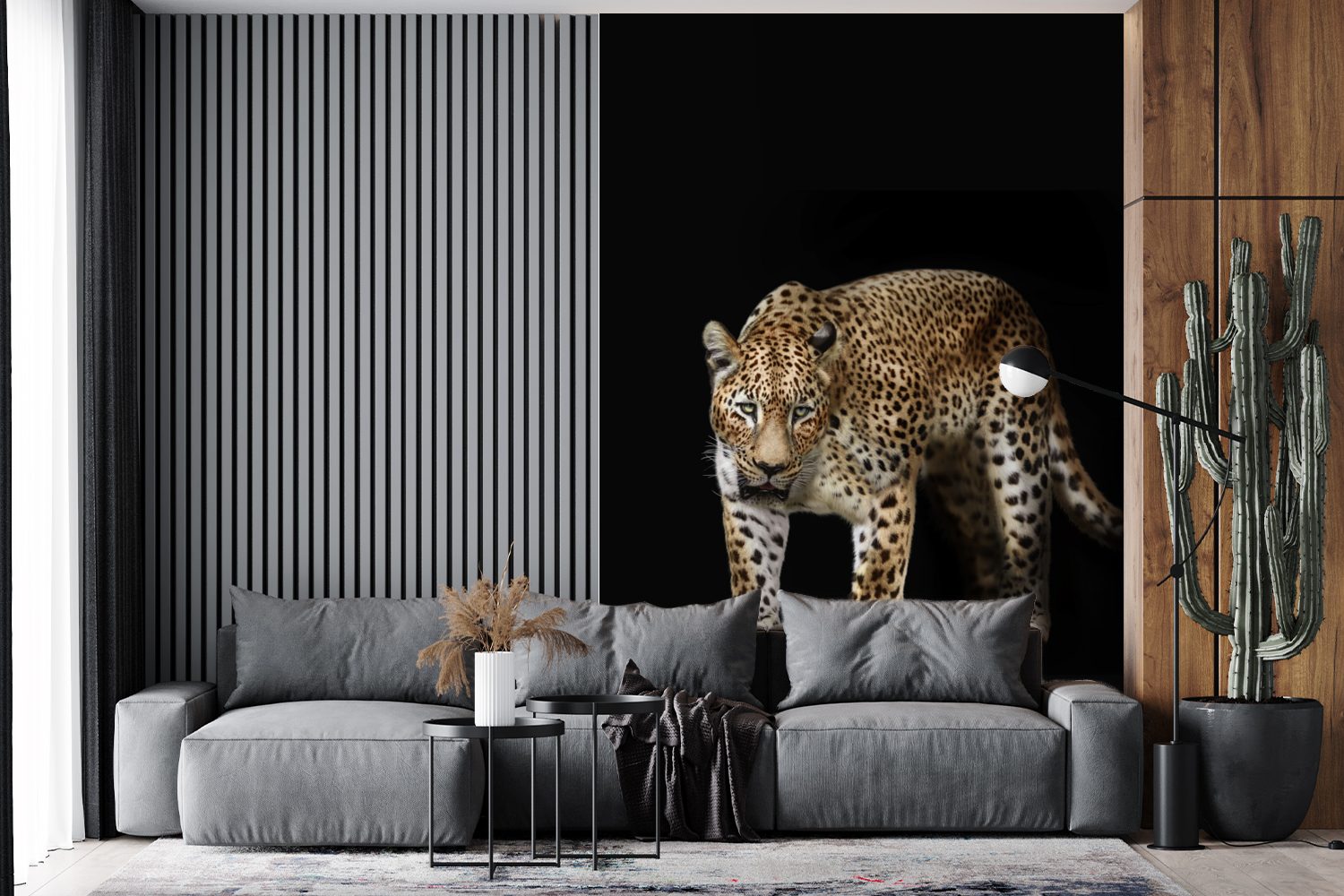 (3 Matt, Fototapete Leopard - Wohnzimmer, MuchoWow für Schwarz - Tiere, St), Montagefertig Wandtapete bedruckt, Tapete Vinyl