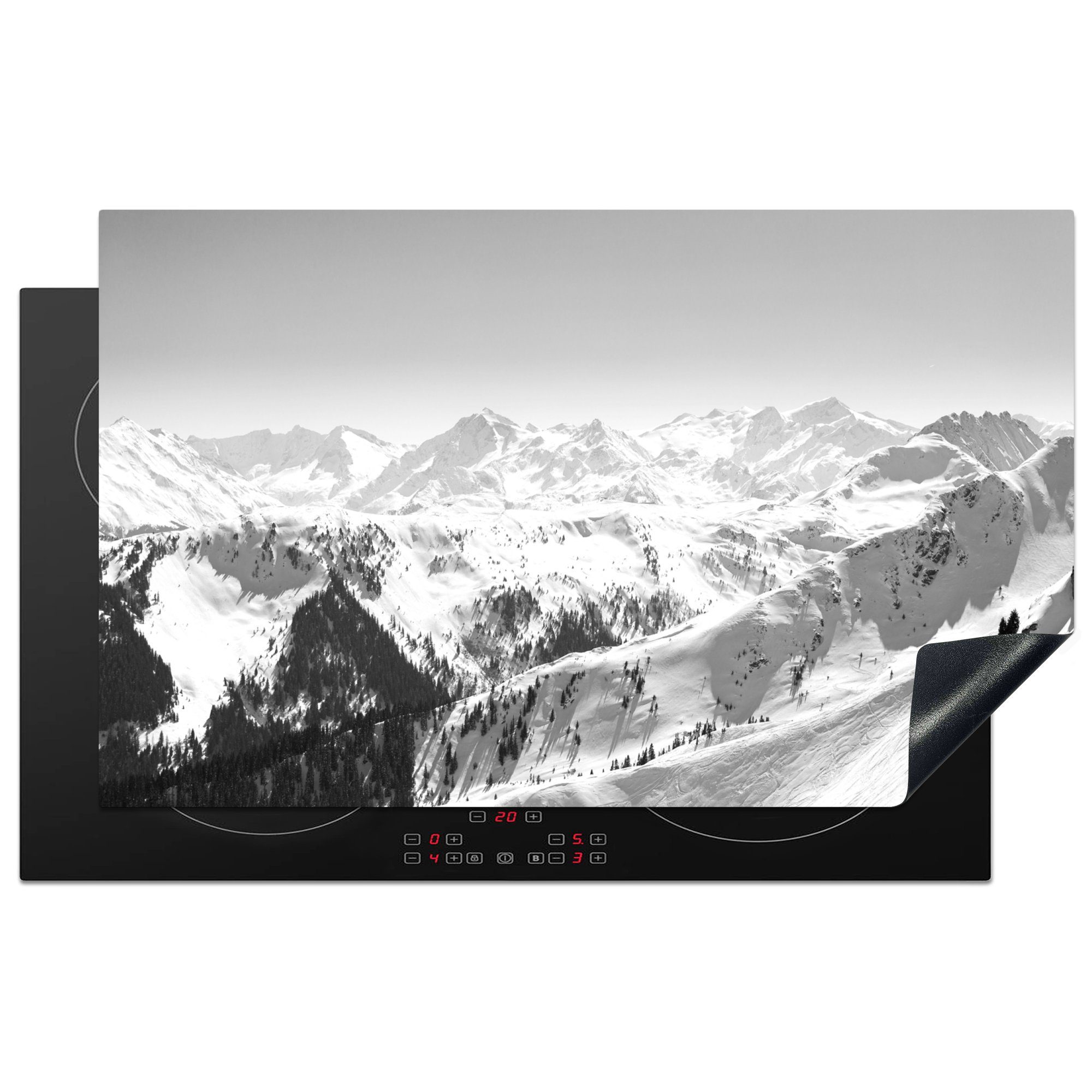MuchoWow Herdblende-/Abdeckplatte Verschneite Berggipfel in den Alpen - schwarz und weiß, Vinyl, (1 tlg), 83x51 cm, Ceranfeldabdeckung, Arbeitsplatte für küche