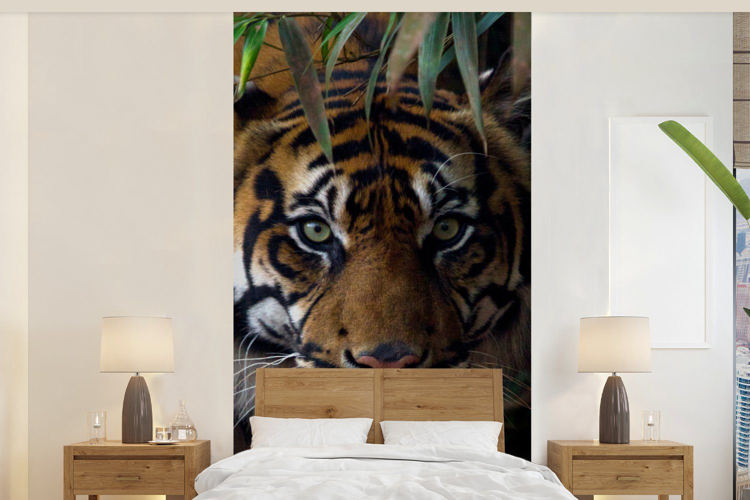 Tiger Dschungel - für - bedruckt, Tiere Vliestapete - - Schlafzimmer (2 Fototapete St), Wohnzimmer MuchoWow Wild, Blätter Fototapete Küche, Matt,