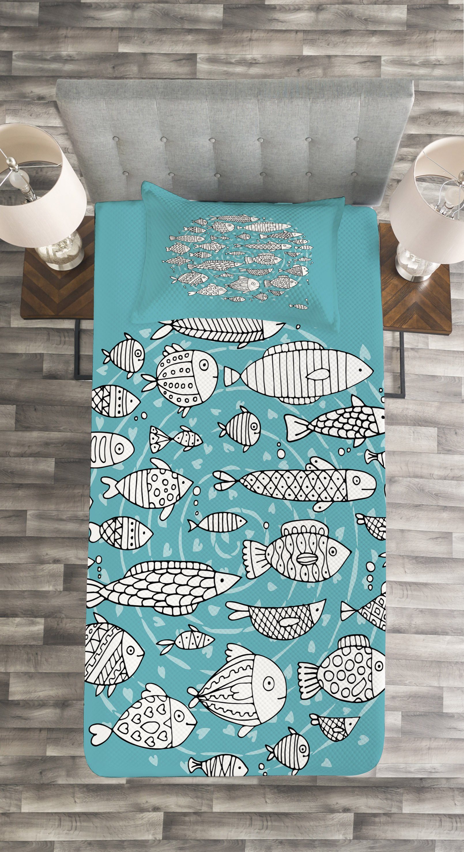 Tagesdecke Set mit Fisch Kissenbezügen Waschbar, Abakuhaus, und Doodle Blau Weiß
