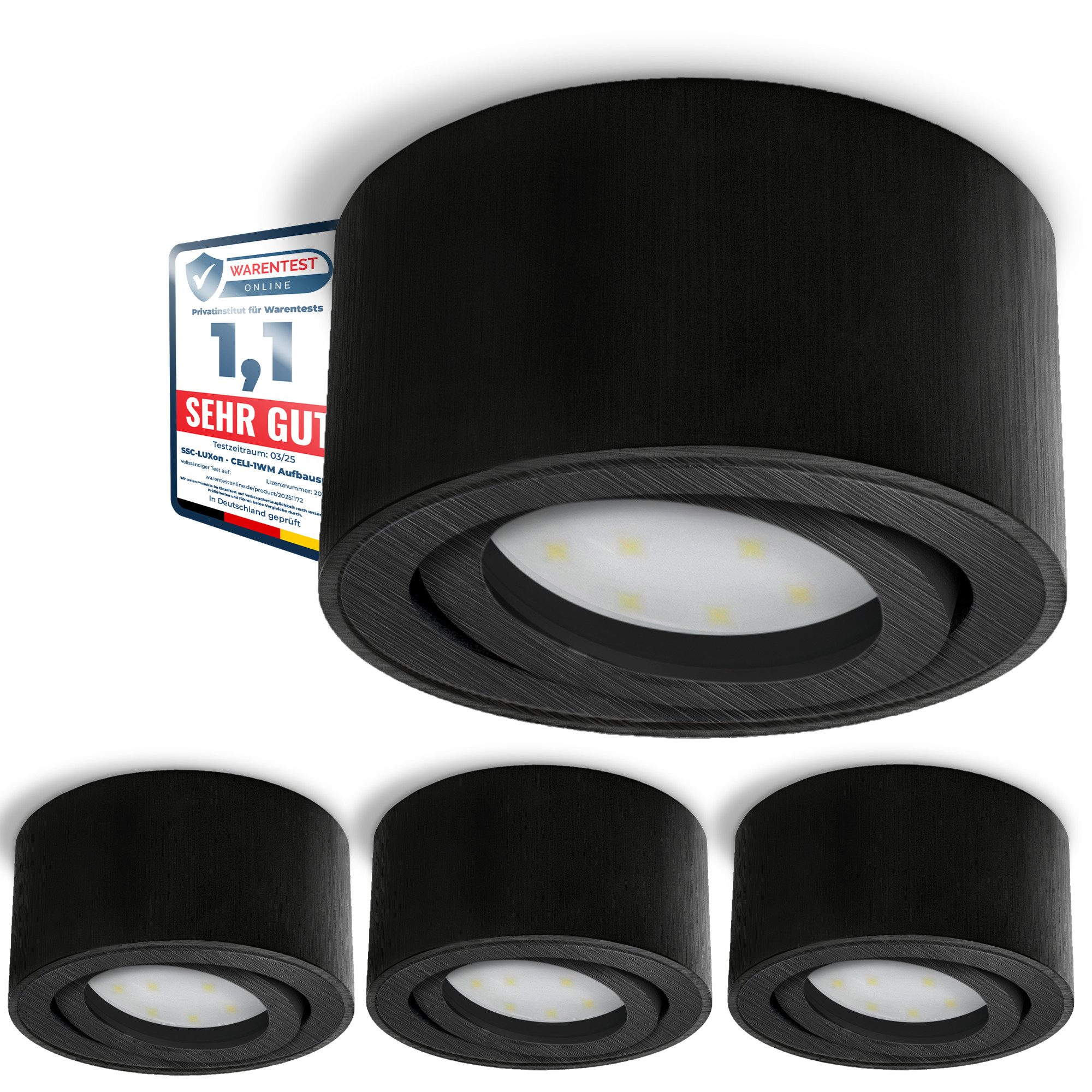 SSC-LUXon LED Aufbaustrahler CELI-1B Aufbauspot schwarz gebuerstet schwenkbar mit fourSTEP LED, Warmweiß