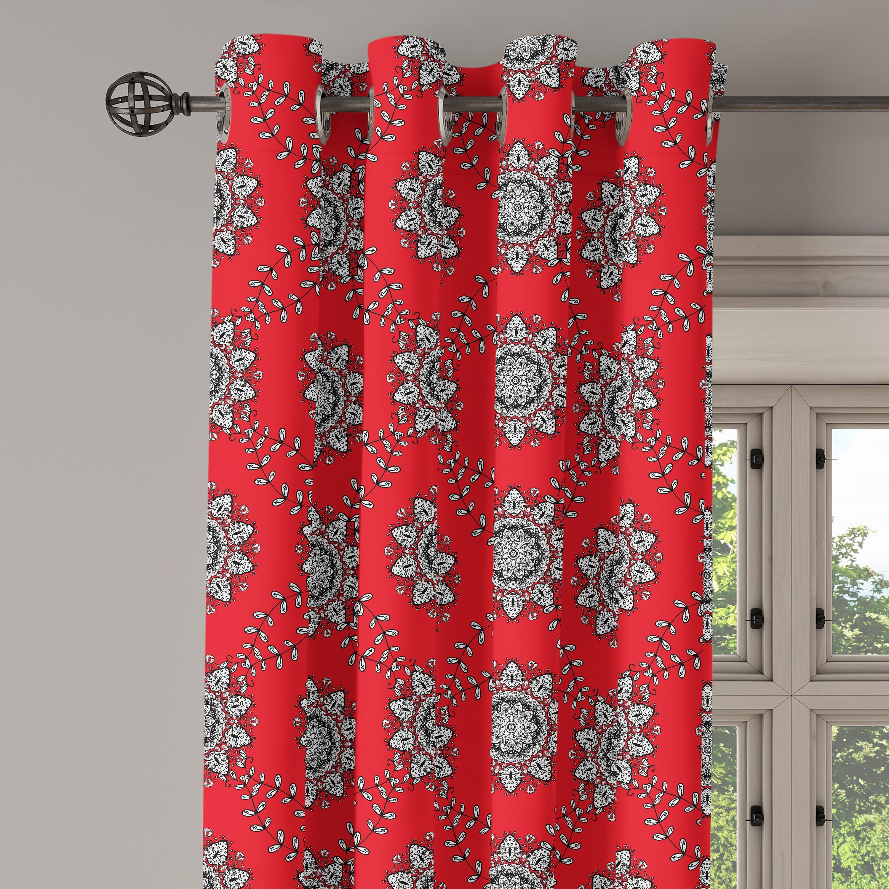 Gardine Dekorative 2-Panel-Fenstervorhänge für Schlafzimmer greifen Wirbels-Blumen Wohnzimmer, Red Abakuhaus, Ineinander Mandala